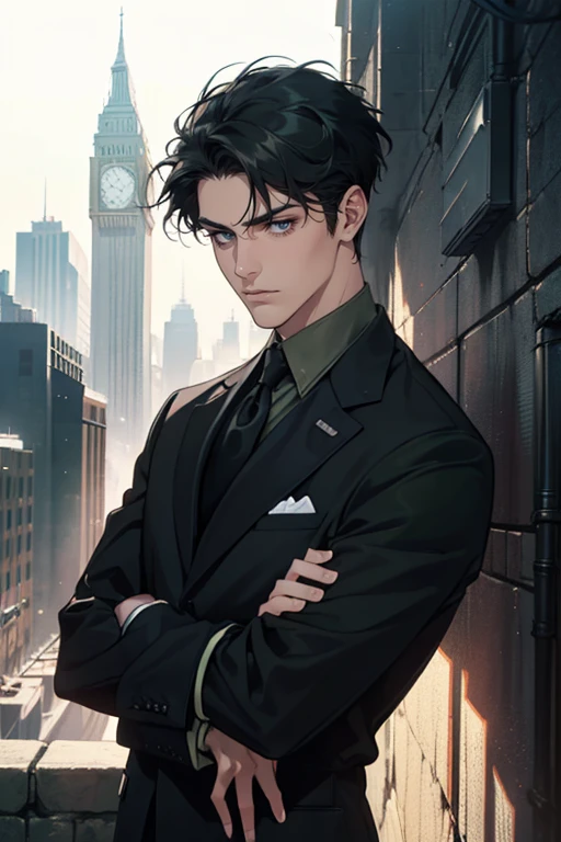 ((One man with a black suit and tie)), gotham, 1980s, alejandro, (((one-side swept black short hair))), (dark green eyes and thick eyebrows), smirk, ((20 years old)), ((masterpiece)), posture dynamic,