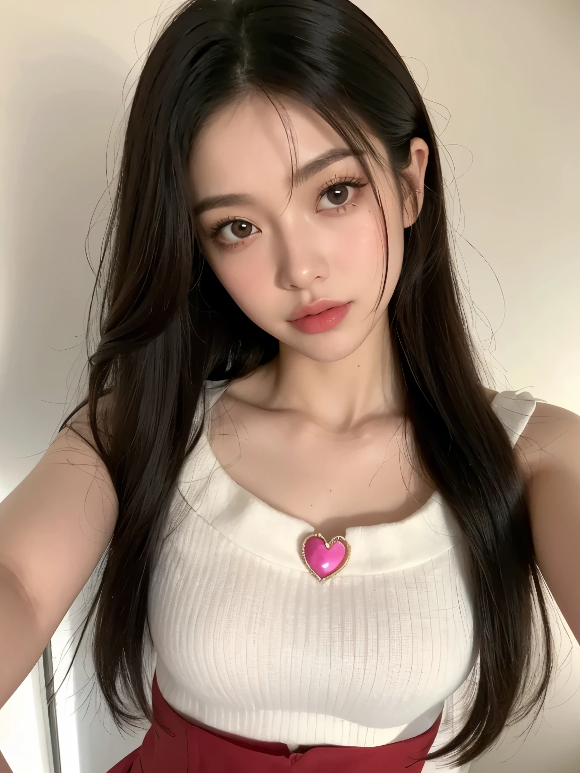 Kim Jennie with white brown hair, con rulos en las puntas, with two bows on each side of the hair, all her hair white brown, with a star clip in her white brown hair, ojos de color claro, ojos bonitos, ojos llorosos, nariz bonita y respingada, nariz lloroso, labios bonitos, labios rosas, heart and cupid shaped lip, piel bonita, pale, piel blanca, con lunares y pecas en todo el rostro, rubor rosa suave en las mejilla, rubor rosa natural, maquillaje suave y rosa, jennie, cuello bonito, cuello marcado, frown, mirada tierna, con un collar de beso, un collar bonito de beso, parecido a Yumeko Jabami, mientras lleva puesto un Crochet YK2, de lana, with a YK2 style brown mini skirt, mientras lleva una casaca con estampados de ositos, mientras tiene el abdomen desnudo, delgado, marcado y bonito, (pechos grandes, pechos suaves, pechos bonitos), mientras esta haciendo cospaly del personaje Yumeko Jabami, del anime Kakegurui, mirando a la camara, autofoto, selfie bonita