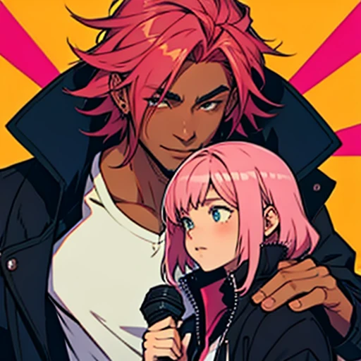 Fnf Style ,Human Male ,pink hair , Brown Skin , Black Jacket 