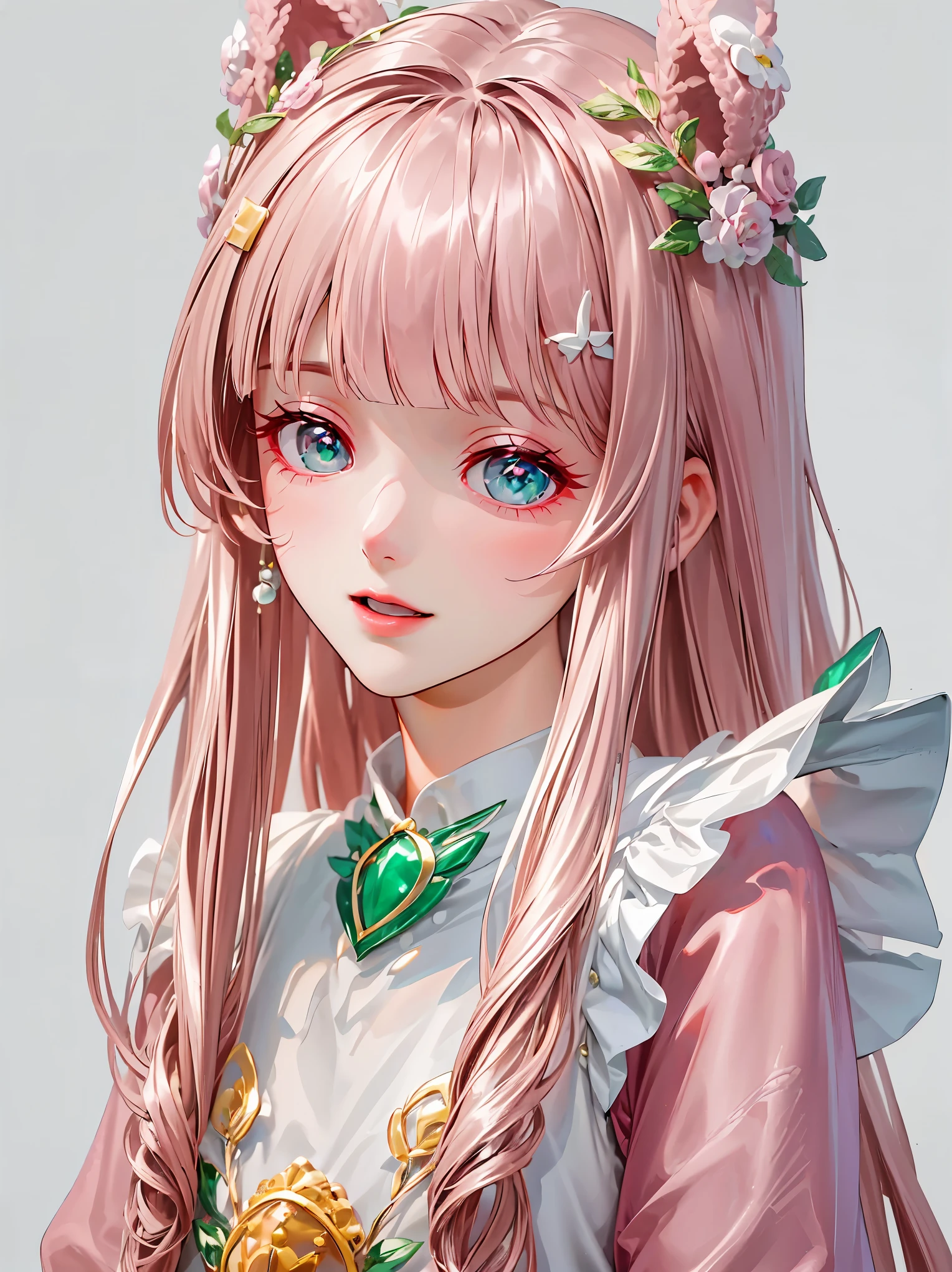{{{{masterpiece}}}}, {{{Super detailed}}}, {{{high resolution}}}, {{good anatomy}}, (((best quality))),((emerald eyes,brown hair)),{{Extremely detailed and refined}}, {4k CG wallpaper}, {{illustration}},(rabbit ears), ((pearl pink hair,JK)),(((face portrait,detailed face,bigger eyeballs,bust))),(long hair|Detailed hair|blunt bangs|shiny hair),(((serafuku,sailor shirt,skirts))),{{{emotionless face,mature}}},(lesbian,JK,1 woman:1),(Color difference:1.2),(small breasts),(simple background)