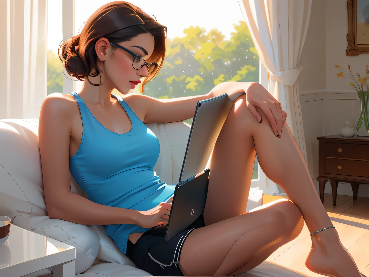 A woman is sitting comfortably on a beige couch, hunched over her tablet, wearing a blue tank top (((blue tank top))) and black shorts (((black shorts))), with glasses resting on her nose.. She is wearing a iPad with legs crossed, holding tablet on lap. The tablet she is holding has a keyboard attached, suggesting she may be working or studying. A dog rests peacefully at her feet, adding a cozy domestic touch to the scene. The living room has a cozy atmosphere with natural light coming from a window with white curtains. She is, looking partially to the left, lewd pose, checking her cell phone, profile photo, checking her phone, side photo, leaked photo, candid photo. She is about 36 years old, 1.62 tall, 60 kg, best quality, perfect face, perfect mouth, perfect hands, well defined, her slightly plump and red lips look like a delicate flower. Slim body, slim waist. Her body exudes glamor and her face is the definition of beauty. Highly realistic, reddish skin, feeling of lightness and joy, hyper-realism, very elaborate skin. Sharp photo, high quality, high resolution (ultra quality masterpiece), Ultra HD, high contrast, 36K. Masterpiece: 1.3, high resolution, (photographically realistic), 8k, NUDE, NUDITY, NFSW.