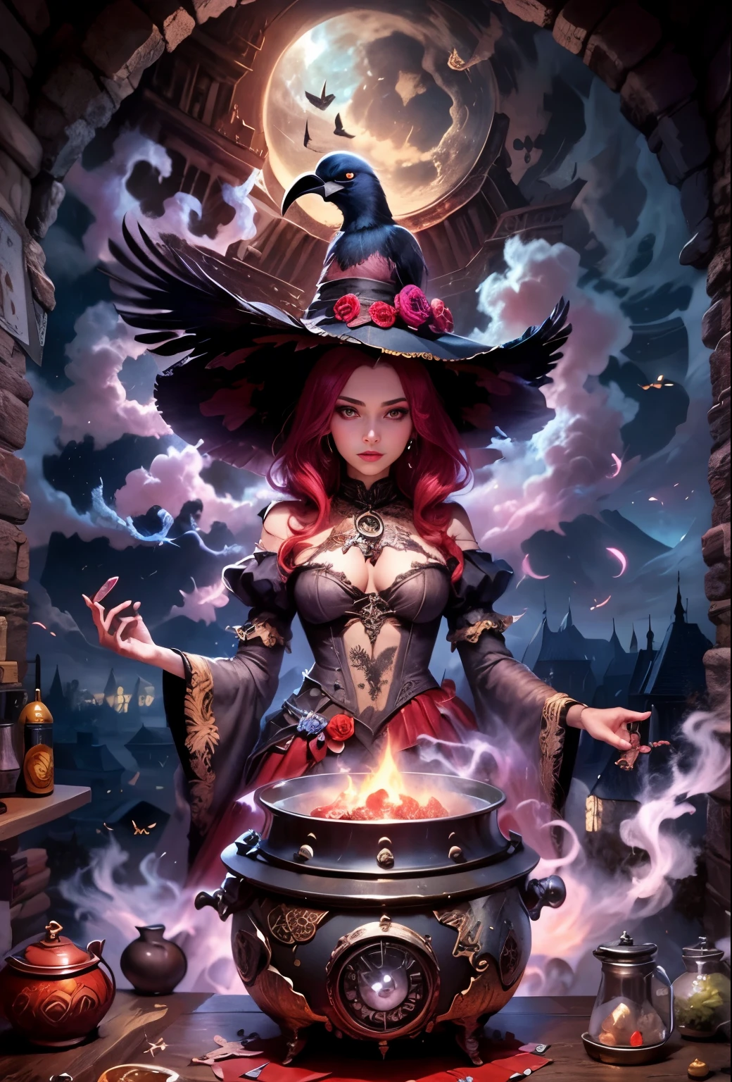 the raven queen in her alchemist'room, Perform alchemical magic with (smoking multicooker with display), filled with green glowing smoke., Creepy night background with full moon and window view, Dressed in a gothic costume,((A strange and sinister rice cooker is filled with red liquid)),(UHD, masterpiece, accurate, Anatomically correct, Textured leather, Super Detail, High detail, high quality, Award Winning, Best quality, 16 thousand.)