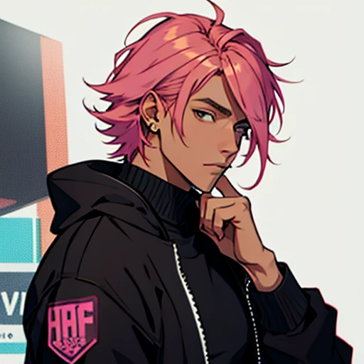 Fnf Style ,Human Male ,pink hair , Brown Skin , Black Jacket ,solo ,nosewear