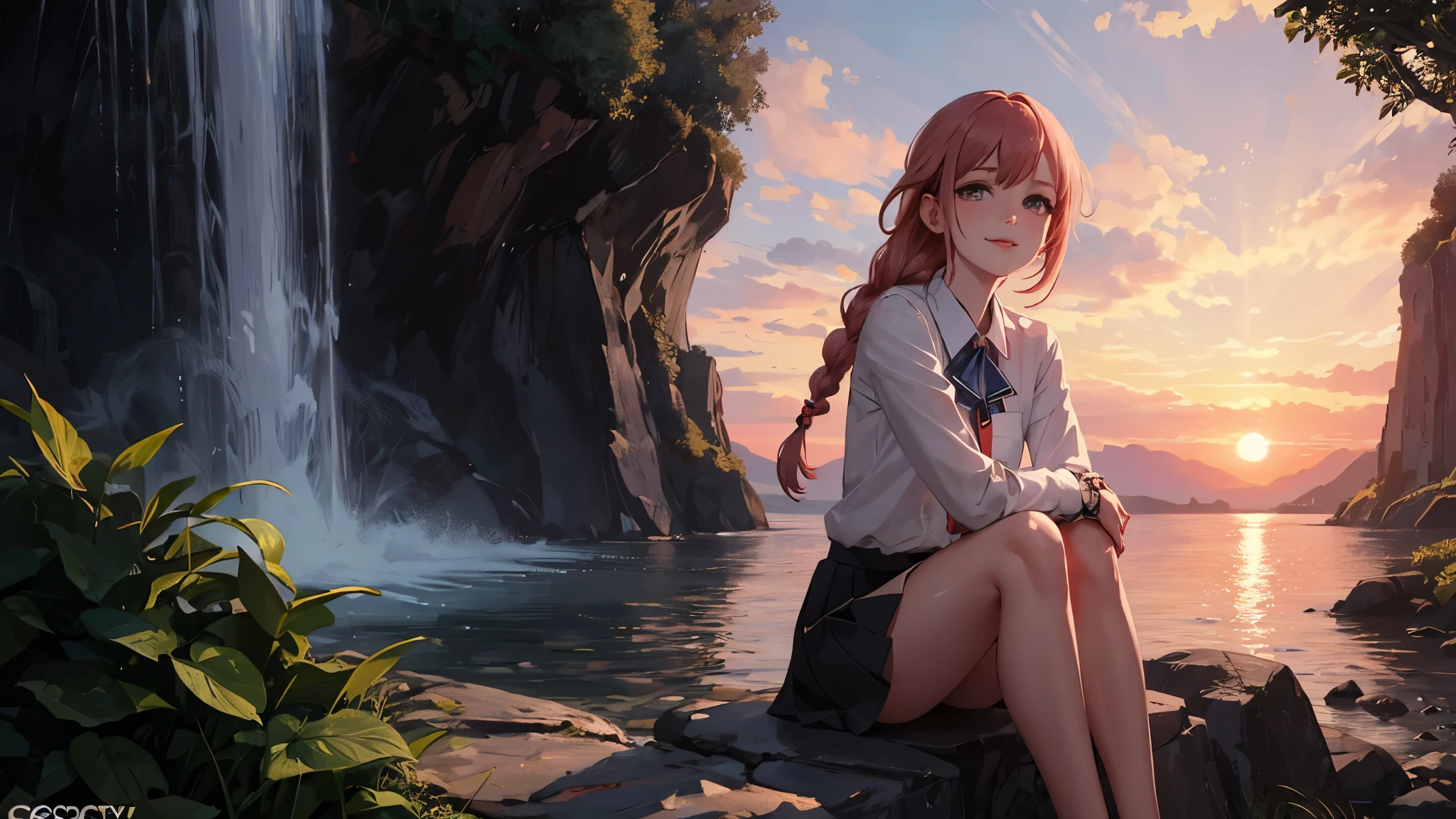 (masterpiece misguided style, best quality, dusk:1.3), a cute irish girl, portrait-type, copper, skirt above the knees, slender legs, chubby, pink lips, small smile, gray waterfall braid, sunset background, Exquisite, trending on CGSociety