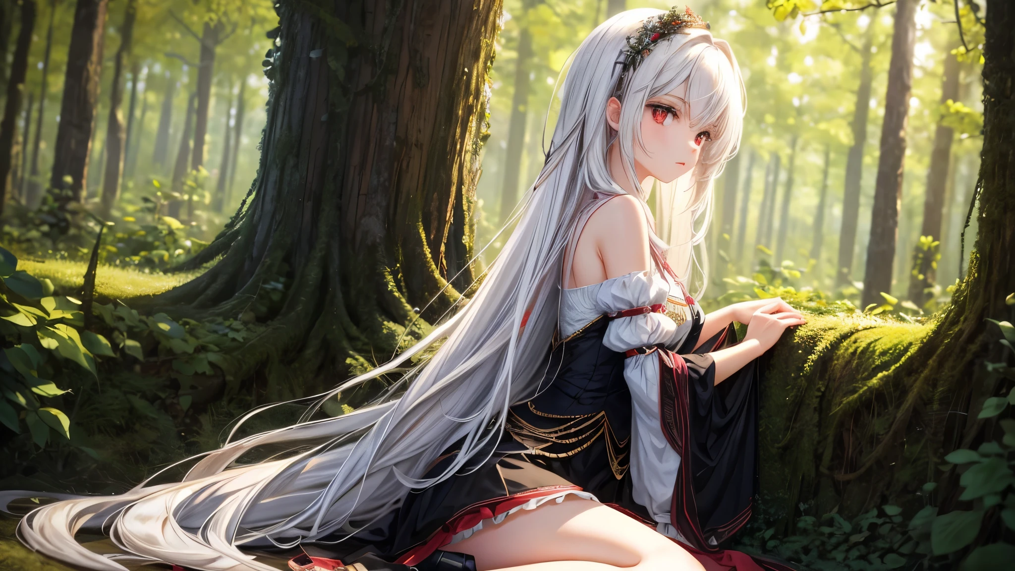 ((masterpiece)), (High resolution), (highest quality), (super detailed), (figure), original, Highly detailed 8K wallpaper, ((1 girl)), (very delicate and beautiful), forest, sunlight, particles of light, ,cute, ((messy hair)), very long bright white hair, red eyes, bare shoulders ,delicate legs, black skirt ,looking at the viewer, Looks straight into your eyes, her gaze is directed at you, sitting,from the side from the side, small breasts,