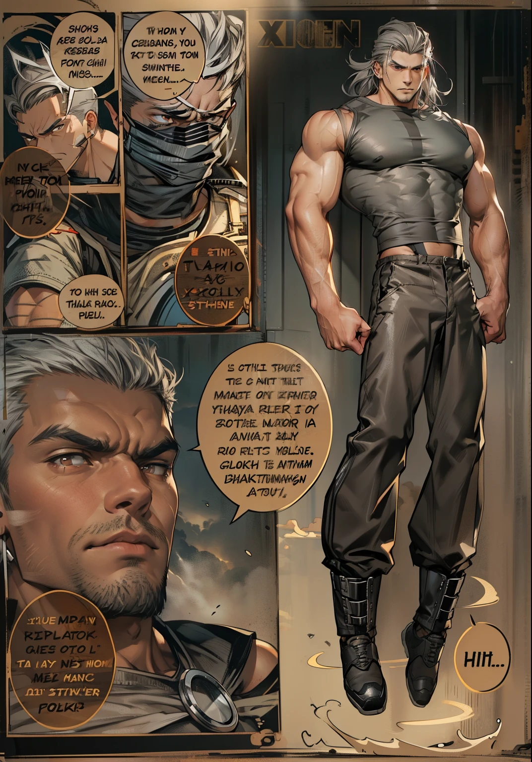boys 26 Years old, juvenile, Serious face, brown eyes, gray hair, brown eyes, muscular, wearing ((gray sleeveless shirts)), ((black trousers)), sky, cloud