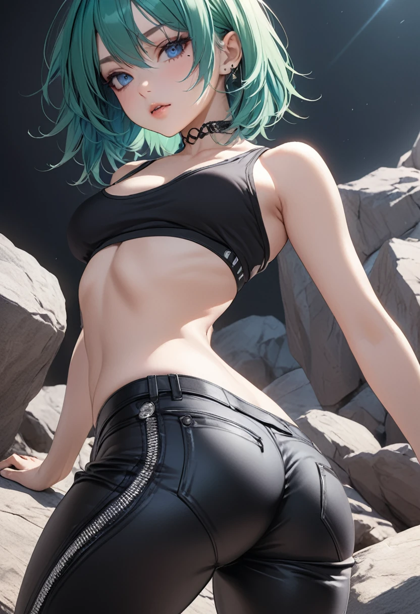 ((Best quality)), ((masterpiece)), (detailed), perfect face, ultra-detailed, 1 sexy girls, Appearance = beautiful, rock style, Young, perfect body, dressed in emo style, thong, looks like emo, emo appearance, perfect body, green hair, blue eyes, show ass, dynamic sexy pose