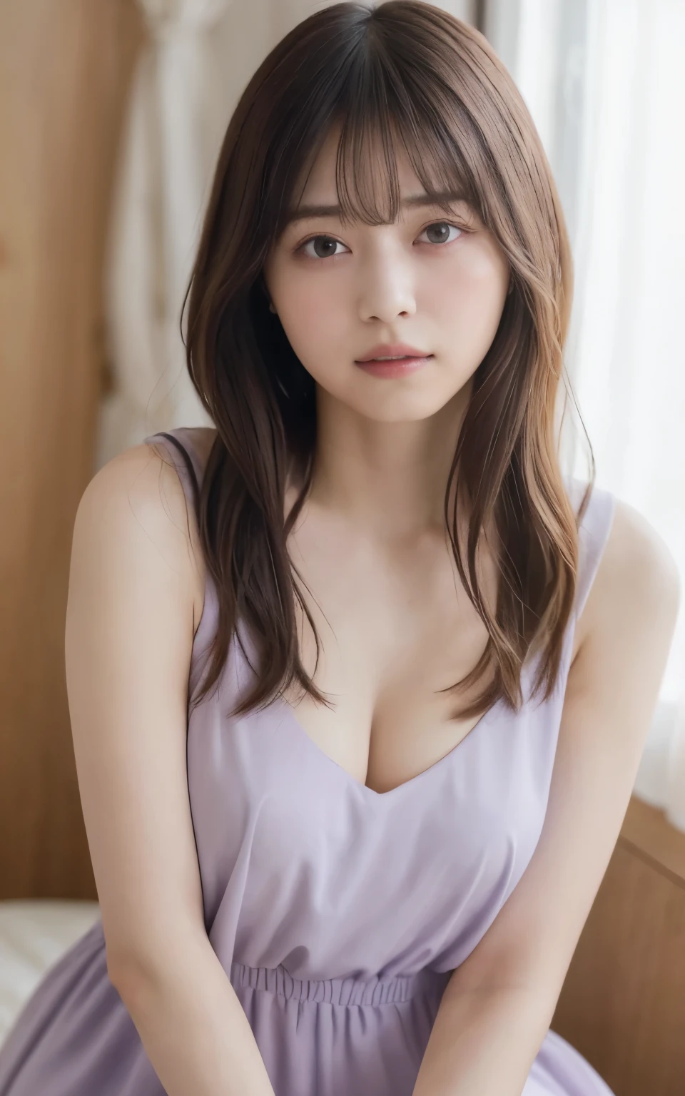 masterpiece, highest quality, 8k, 20th Generation, Large Breasts, cute, alone, sad, cute, Girlish, Delicate girl, Pure beauty, RAW Photos, Professional photography, Portraiture, Soft Light, Professional Lighting, Backlight, Head to Knee, avert your eyes, Sophisticated, Film Grain, (Eyes and facial details:1.0), Short floating hair, Beautiful, flowing hair, bangs, (A loose fitting tunic(Light pale lavender))、(Large Breasts:1.u can see a little cleavage、The nipple protrusions are clearly visible、Micro Mini Skirt、Voluptuous thighs、Translucent white skin、Dolly Makeup、(Odd Eye、The left and right eyes are different colors)