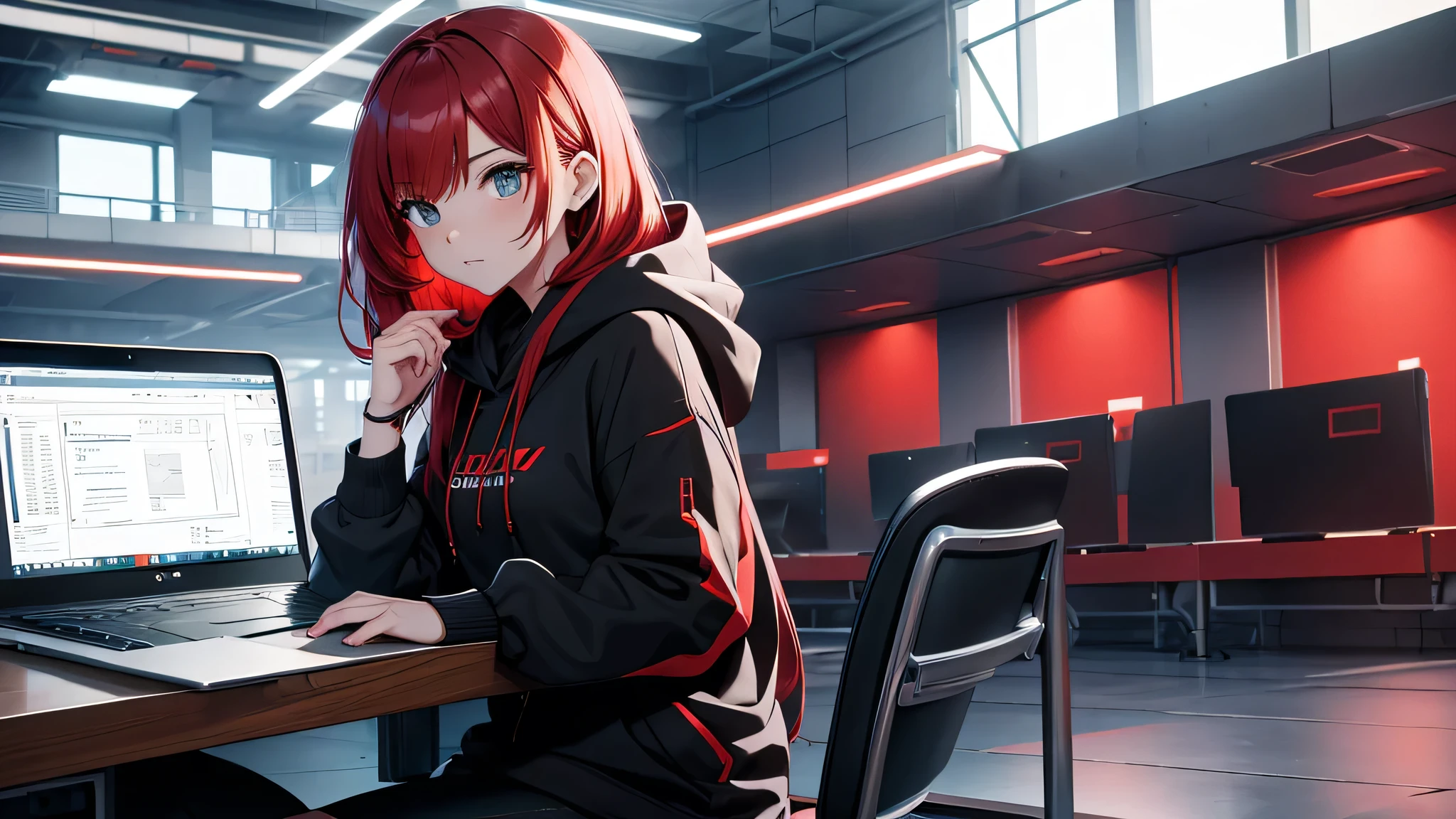 sitting working on a laptop、A young woman with red hair wearing a black hoodie with the hood up, Her power is technology, Semi realism,futuristic room