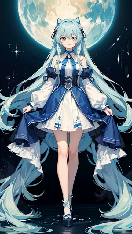 ((highest quality)), ((masterpiece)), (detailed), Perfect Face 「Has long light blue hair、A beautiful girl with big, bright eyes。Sparkle in your eyes。She has an introverted and mysterious vibe.、Wear cute and sexy clothes、I love knee-high socks。Her expression is calm、Your smile is beautiful。((Stand facing forward and able to see your feet))。」