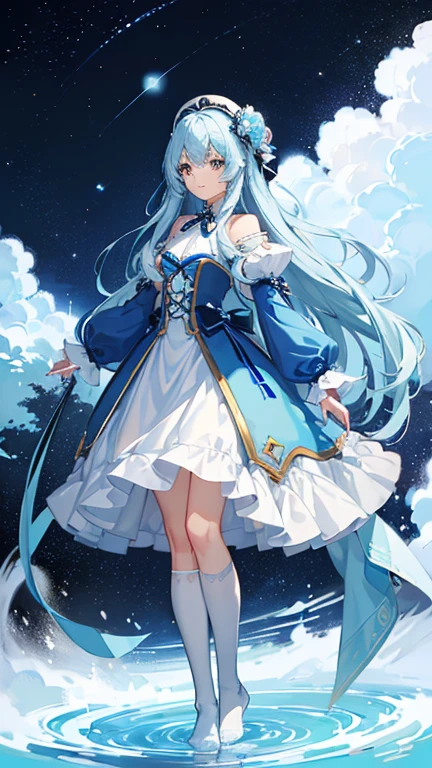((highest quality)), ((masterpiece)), (detailed), Perfect Face 「Has long light blue hair、A beautiful girl with big, bright eyes。Sparkle in your eyes。She has an introverted and mysterious vibe.、Wear cute and sexy clothes、I love knee-high socks。Her expression is calm、Your smile is beautiful。((Stand facing forward and able to see your feet))。」