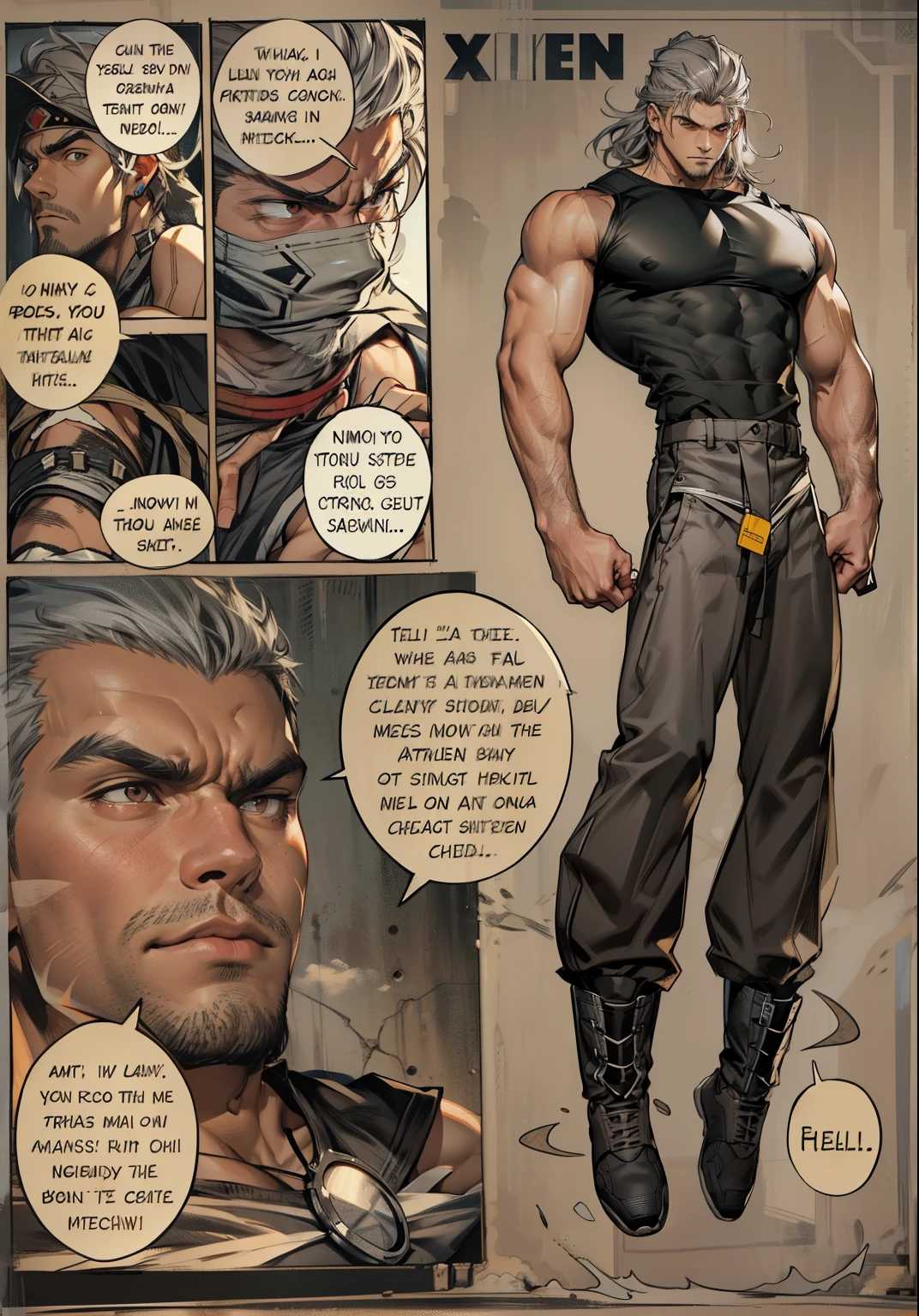 boys 26 Years old, juvenile, Serious face, brown eyes, gray hair, brown eyes, muscular, wearing ((gray sleeveless shirts)), ((black trousers)), sky, cloud