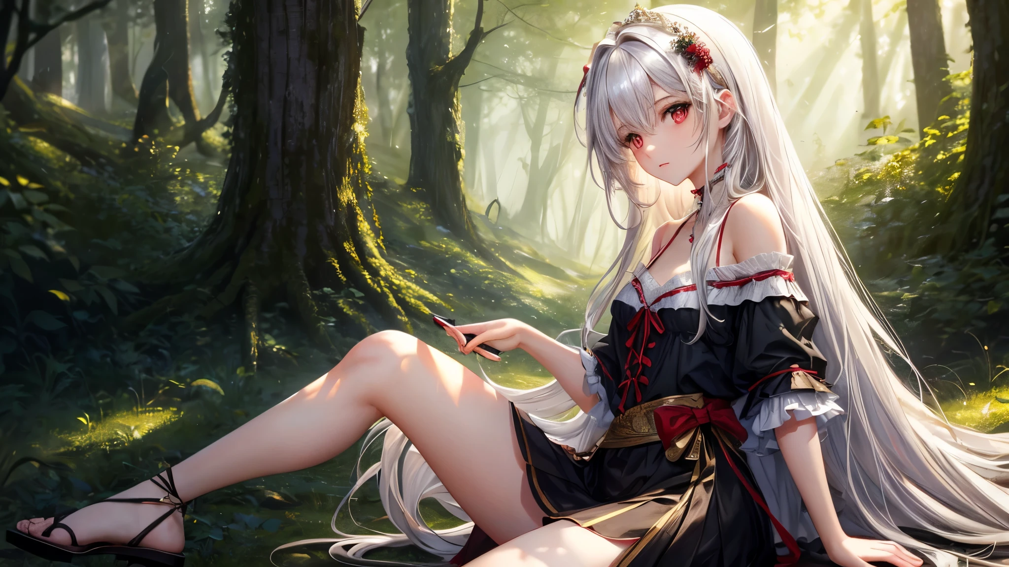 ((masterpiece)), (High resolution), (highest quality), (super detailed), (figure), original, Highly detailed 8K wallpaper, ((1 girl)), (very delicate and beautiful), forest, sunlight, particles of light, ,cute, ((messy hair)), very long bright white hair, red eyes, bare shoulders ,delicate legs, black skirt ,looking at the viewer, Looks straight into your eyes, her gaze is directed at you, sitting,from the side from the side, small breasts,