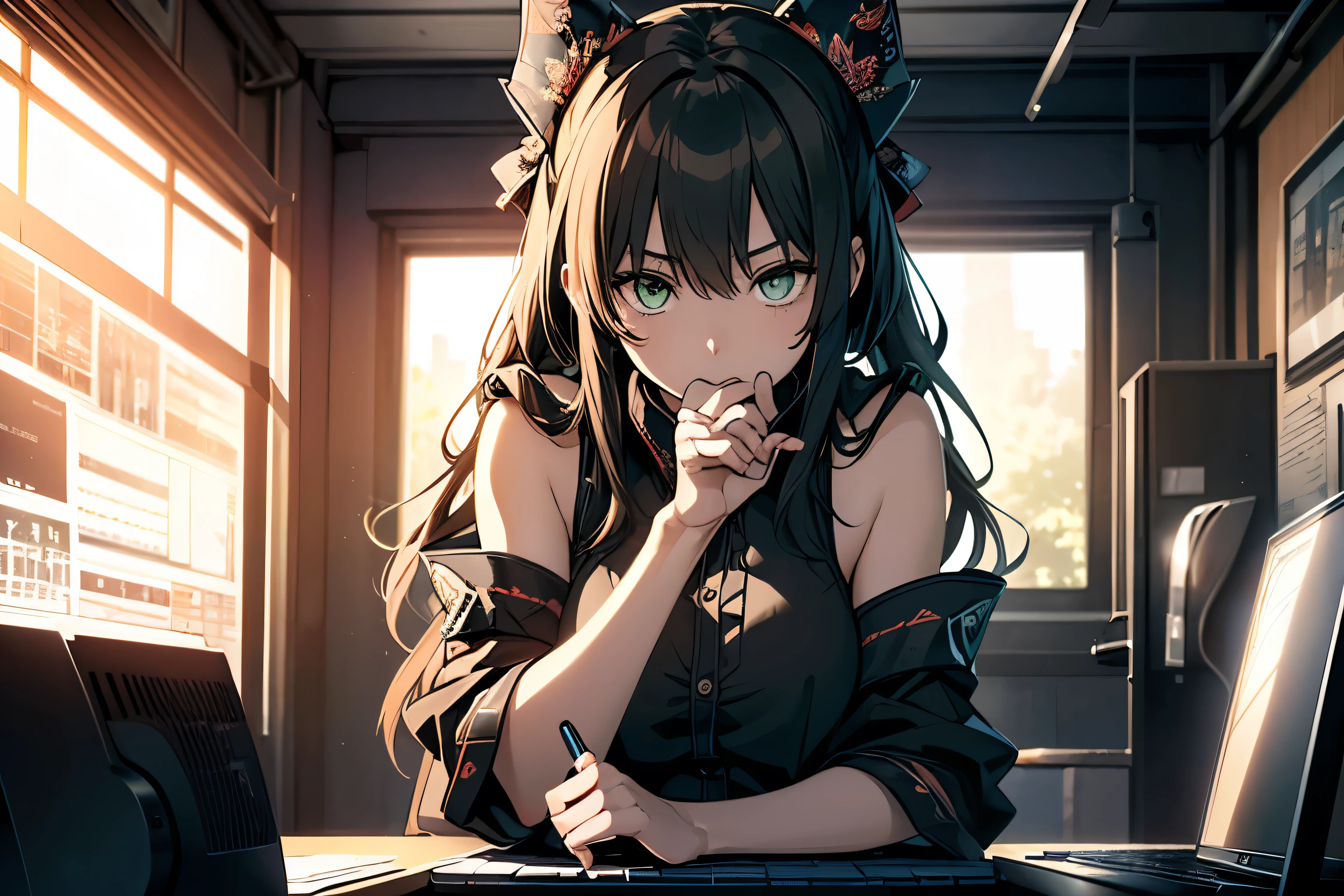 (Very detailed CG Unity 8k wallpaper)、(masterpiece)、(highest quality)、(Very detailed)、(Best illustrations)、(Best Shadow)、alone、One Girl、Green Eyes、Big Eyes、Sleeveless clothing、One person is operating a computer、With a pen in one hand