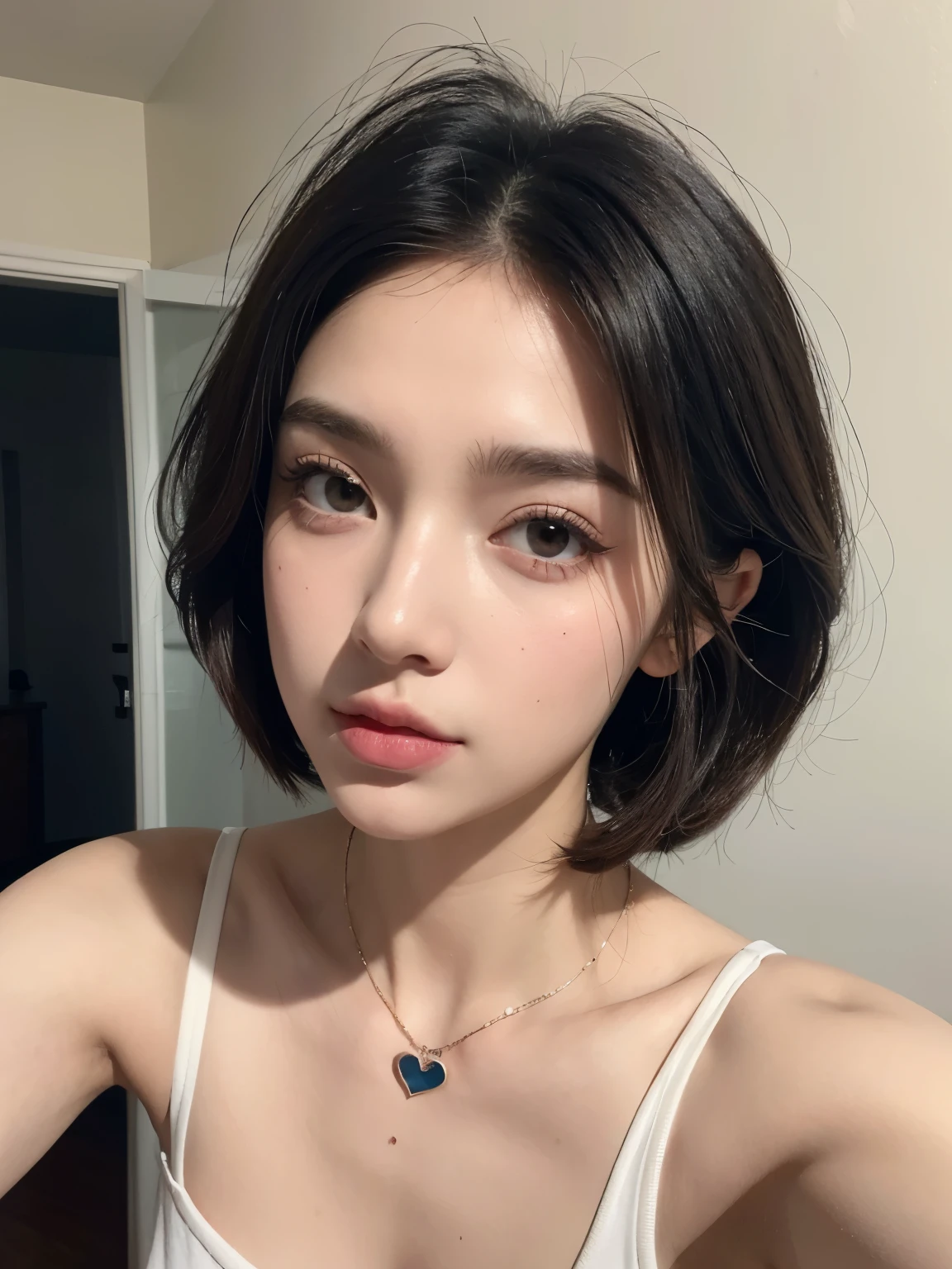 Boy, pretty boy, short hair, boy's short hair, with a star clip in her white brown hair, ojos de color claro, ojos bonitos, ojos llorosos, nariz bonita y respingada, nariz lloroso, labios bonitos, labios rosas, heart and cupid shaped lip, piel bonita, pale, piel blanca, con lunares y pecas en todo el rostro, rubor rosa suave en las mejilla, rubor rosa natural, maquillaje suave y rosa, boy, cuello bonito, cuello marcado, frown, mirada tierna, con un collar de beso, un collar bonito de beso, with a YK2 style, mientras lleva una casaca con estampados de ositos, mirando a la camara, autofoto, selfie bonita