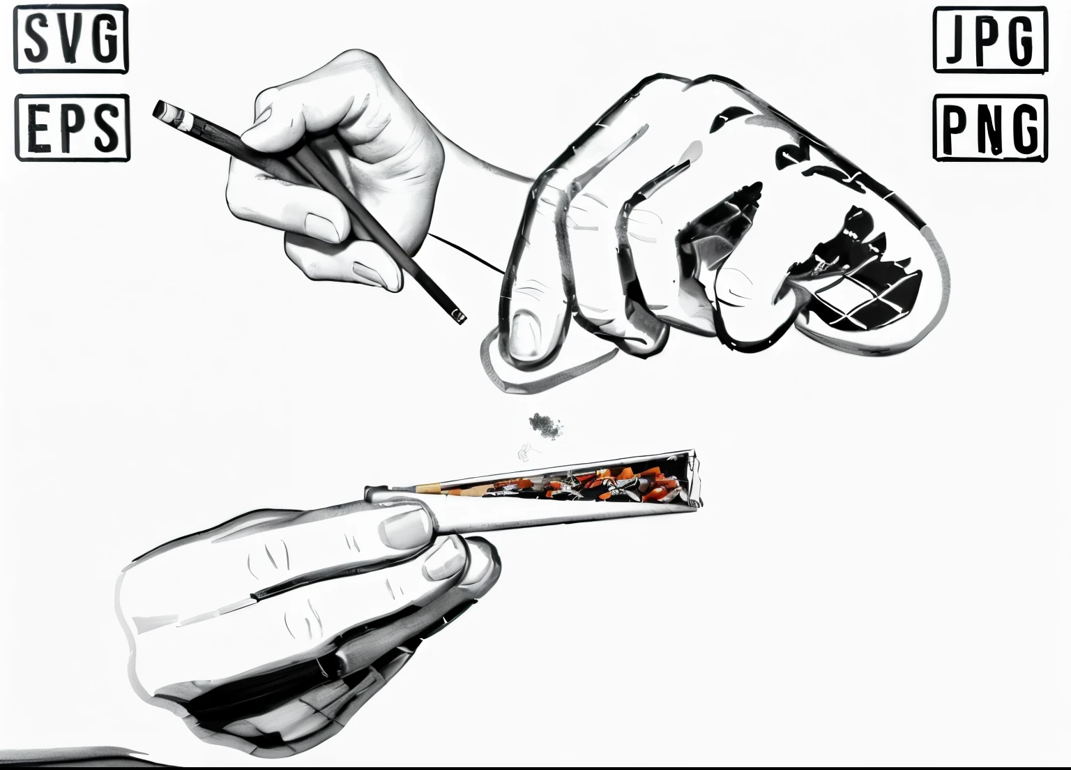 Two hands rolling a cigarette,Pinch the tobacco between your fingers and sprinkle it into the cigarette,Fine painting style,Realistic Hands,Black and white line drawing,monochrome,sketch,No background,White background,