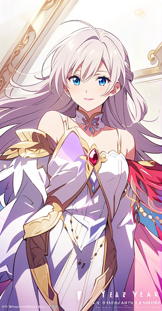 ((21 year old anime women, mature)), anime women with long white hair, side bangs and blue colour eyes, white eyelashes, perfect white haired girl, white haired lady, white haired, delicate androgynous prince, anime key visual of elegant, white haired deity, with long white hair, anime character, anime Waifu with white long hair, red colour lipstick, slight smile, make up, ((very high quality photo))