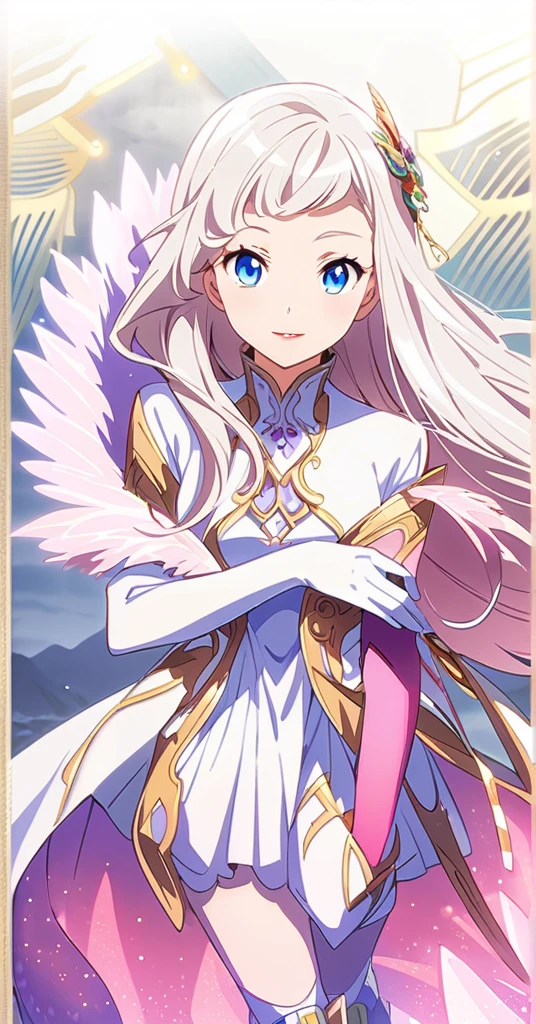 ((21 year old anime women, mature)), anime women with long white hair, side bangs and blue colour eyes, white eyelashes, perfect white haired girl, white haired lady, white haired, delicate androgynous prince, anime key visual of elegant, white haired deity, with long white hair, anime character, anime Waifu with white long hair, red colour lipstick, slight smile, make up, ((very high quality photo))