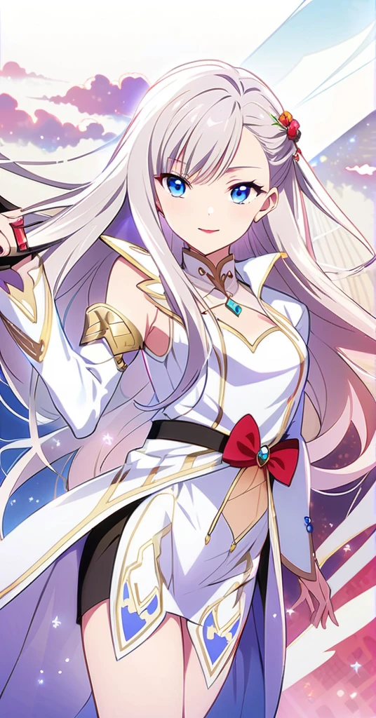 ((21 year old anime women, mature)), anime women with long white hair, side bangs and blue colour eyes, white eyelashes, perfect white haired girl, white haired lady, white haired, delicate androgynous prince, anime key visual of elegant, white haired deity, with long white hair, anime character, anime Waifu with white long hair, red colour lipstick, slight smile, make up, ((very high quality photo)) 