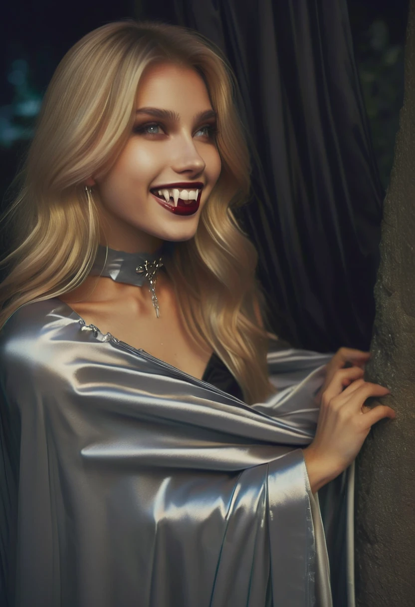 Vampyfangs1 , (RAW photo) , 1girl, cute, 20 years old, long blonde hair , smiling, look at viewer, ((((silver satin cape tied at the neck)))+++, side spilt skirt , photo, realistic, best quality, hires, detailed face, detailed background, diffused lighting, depth of field, bokeh