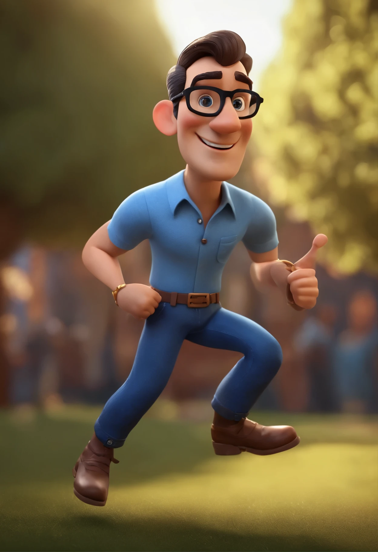 Cartoon character of a man in black glasses and blue shirt, animation character, Caractere estilizado, animation style rendering, 3D estilizado, Arnold Maya rendering, Stylized 3D rendering, toon render screenshot, Personagem 3D, Personagem 3D, Stylized 3D rendering, 3D character rendering, personagem de desenho animado, Personagem de close up, Pose de personagem,  (Estilo Pixar) (parte mestre:1.2) (Bokeh) (melhor qualidade) (pele detalhada) (textura detalhada) (8k) (argila) (cinematic lighting) (sharp focus