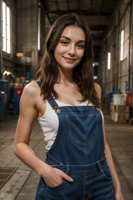 a woman, 25ear old, long brunette hairs, 8K, UHD, flash lighting, professional lighting, textured skin, romantic smile, dans une usine, purple overalls,
