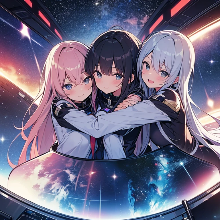 (( pov, hetero, hugging girls, girls surround, side by side, )), (in space ship, ), (looking at viewer),