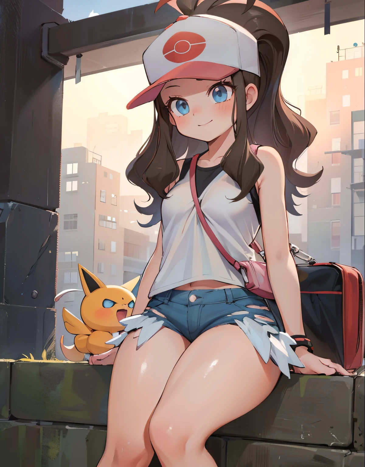 (best quality, highres, masterpiece:1.2), ultra-detailed, realistic:1.37, sketches, hilda pokemon, def1, teenage girl, sitting on her knees, curvy, visible thighs, chubby thighs, thick thighs, thighs in the foreground, body shape, dirty underpass, underpass, scary underpass, sentada junto a un hombre, hombre tocando su cuerpo, curious look, pokeballs, smile, encanto fe******, downblouse