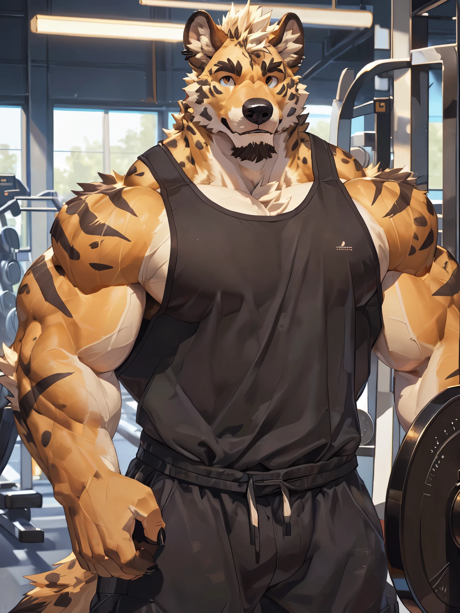 a close up of a cartoon Hyena with a barbell in a gym, Hyena_beast, thicc build, super buff and cool, large muscles, thicc, big muscle, (sfw) safe for work, big muscles, muscular!!, muscular!!!, fluffy chest, muscular character, strong and muscular, anthropomorphic Hyena, massive muscles, in a gym, muscular, anthropomorphic, extra detailed body, detailed body, Best quality, masterpiece, ultra high res,detailed background,realistic, real shadow and light, depth of field, (looking at viewer), innocent face, cute, big cute eyes, Hyena