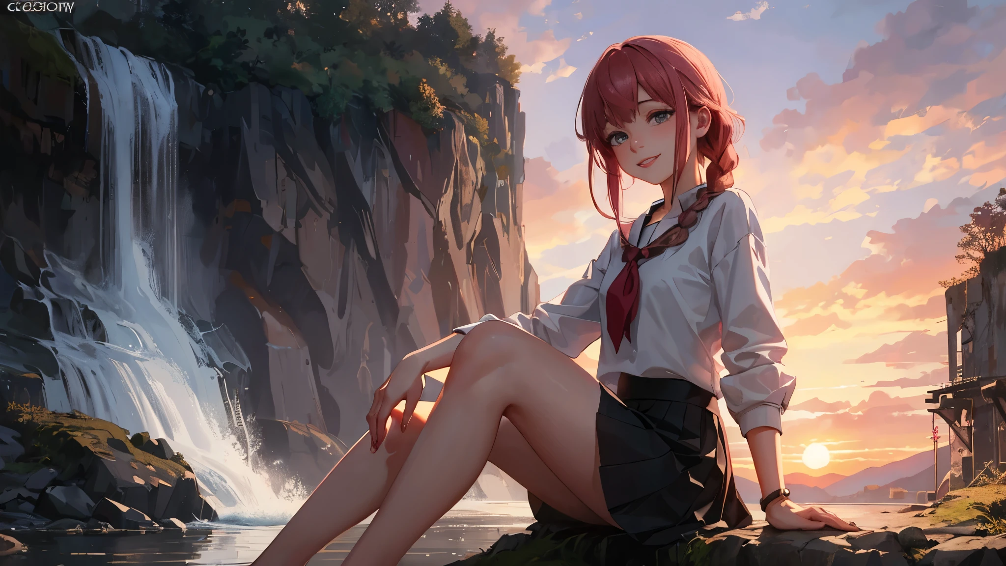 (masterpiece misguided style, best quality, dusk:1.3), a cute irish girl, portrait-type, copper, skirt above the knees, slender legs, chubby, pink lips, small smile, gray waterfall braid, sunset background, Exquisite, trending on CGSociety