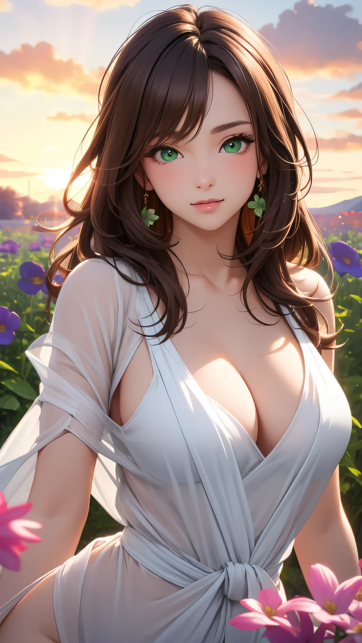 ((best quality)), sexy, brown hair, green eyes, pretty, skimpy robes, colourful flower field, colours, sexy, upper body, cleavage, sunset, sexy,