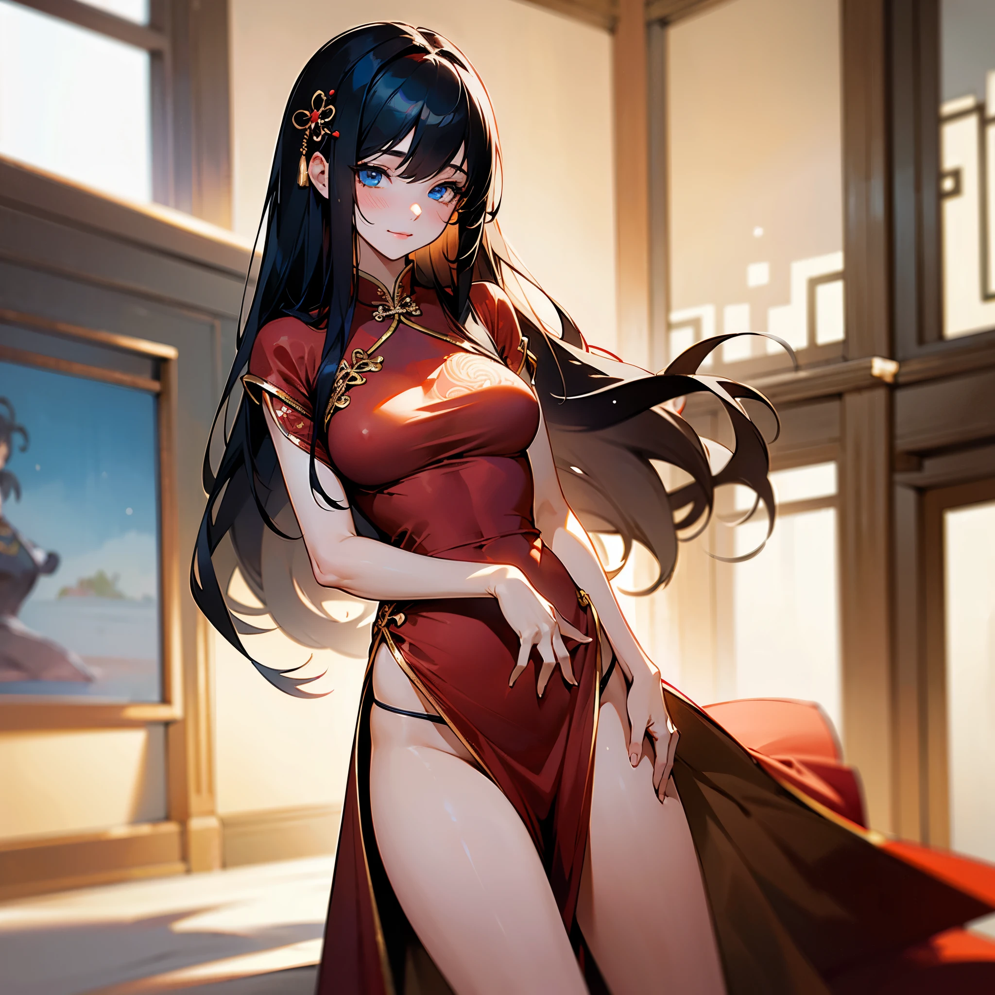 A fierce giantess in a vibrant red dress, with long black hair and intense blue eyes, lounges sensually on a golden throne in a grand hall. Her legs drape over the armrests, crushing intricate carvings and tiny courtiers beneath her. She picks up tiny humans with her fingers, laughing as she presses them against her warm skin. Her body radiates an aura of raw power and eroticism. Giantess, Goddess, sexy legs, dress, hot, curvy body, mommy issues, tiny people, macrophilia, perspective from below, high quality, almost naked, mature woman, grand hall, erotic.

