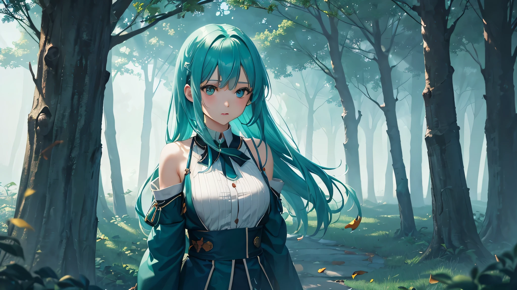 (Attention to detail:1.2)Anime Girls,(Cinema Lighting,Delicate colors),(Fallen leaves:1.2), Subdued lighting, Wind, fog. Turquoise, Delta Shade. Discord Banner