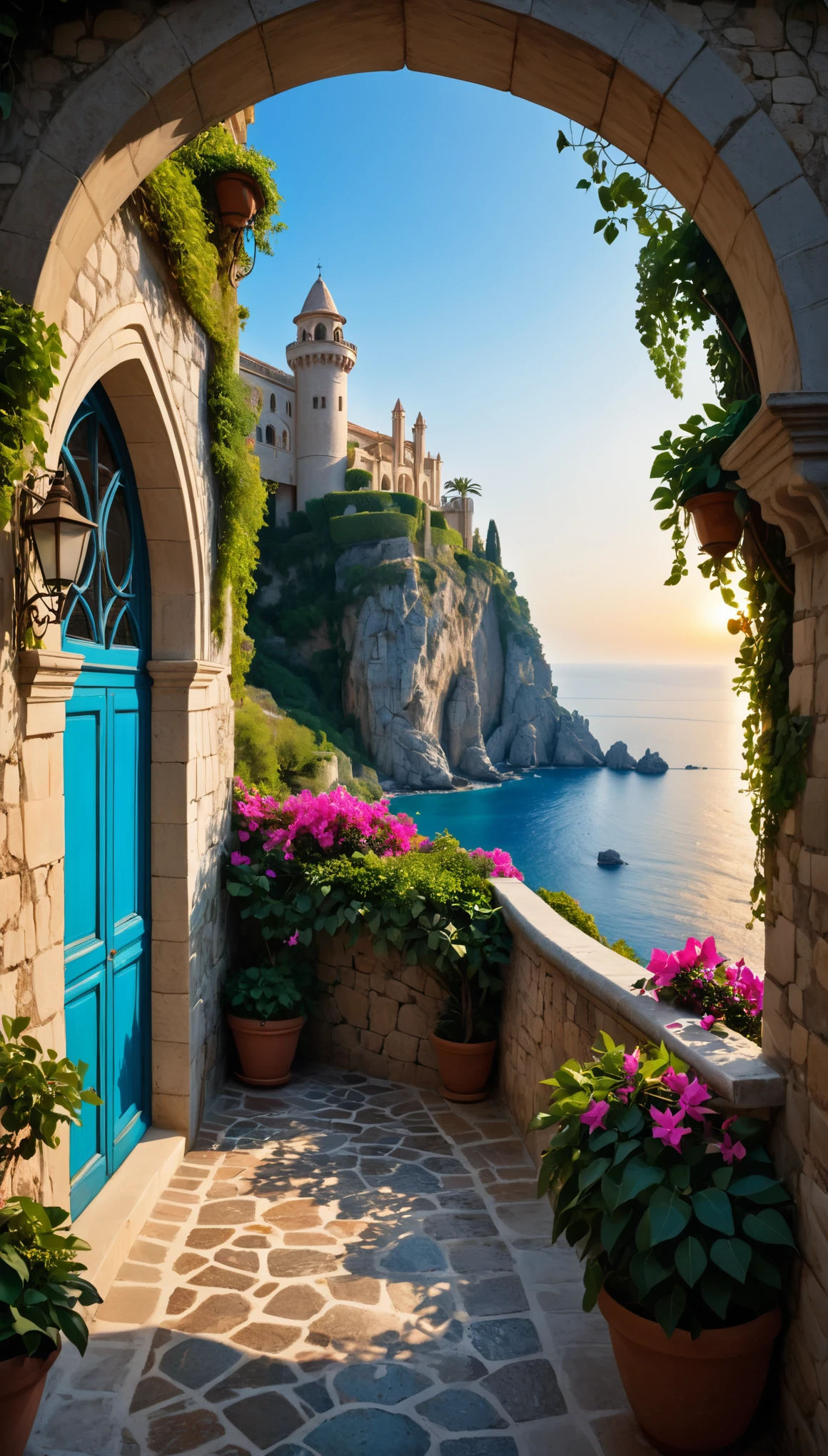 "(best quality,highres:1.2),ultra-detailed,realistic:1.37,Amalfitan coast,beautiful castle,overlooking balcony,sunny,spectacular view,mediterranean sea,azure water,coastline,fairytale-like,towering cliffs,historic architecture,stone walls,exquisite details,ornate decorations,lush greenery,flowering vines,romantic atmosphere,colorful bougainvillea,cobblestone paths,stunning sunset,clear blue sky,dreamy ambiance,elegant arched windows,tall turrets,breathtaking panorama,secluded paradise,serenity,tranquility,hidden gem,awe-inspiring,terraced gardens,seaside retreat,enchanted surroundings, cinematic shot"
