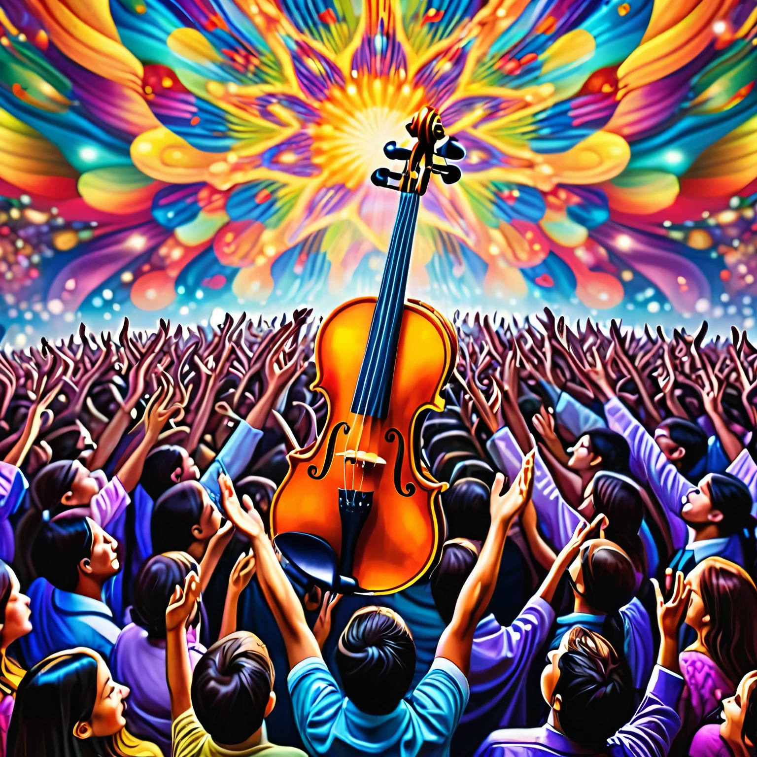 very large violin with no one holding it centered in another psychedelic dimension with thousands of tiny people dancing around it floating with their hands raised in worship of the violin, melhor qualidade