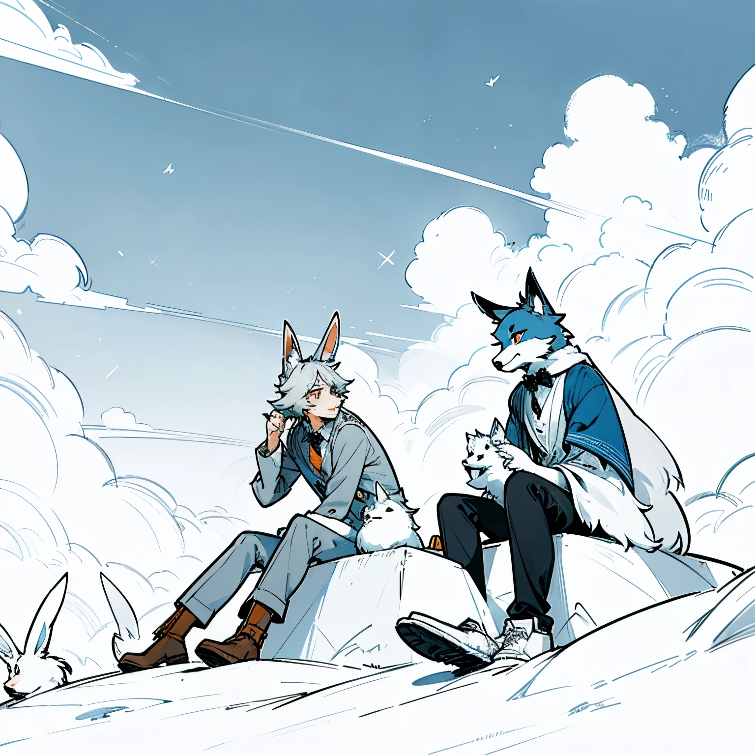 Make a furry gay couple of a wolf and a rabbit sitting outdoors watching the sky in cartoon