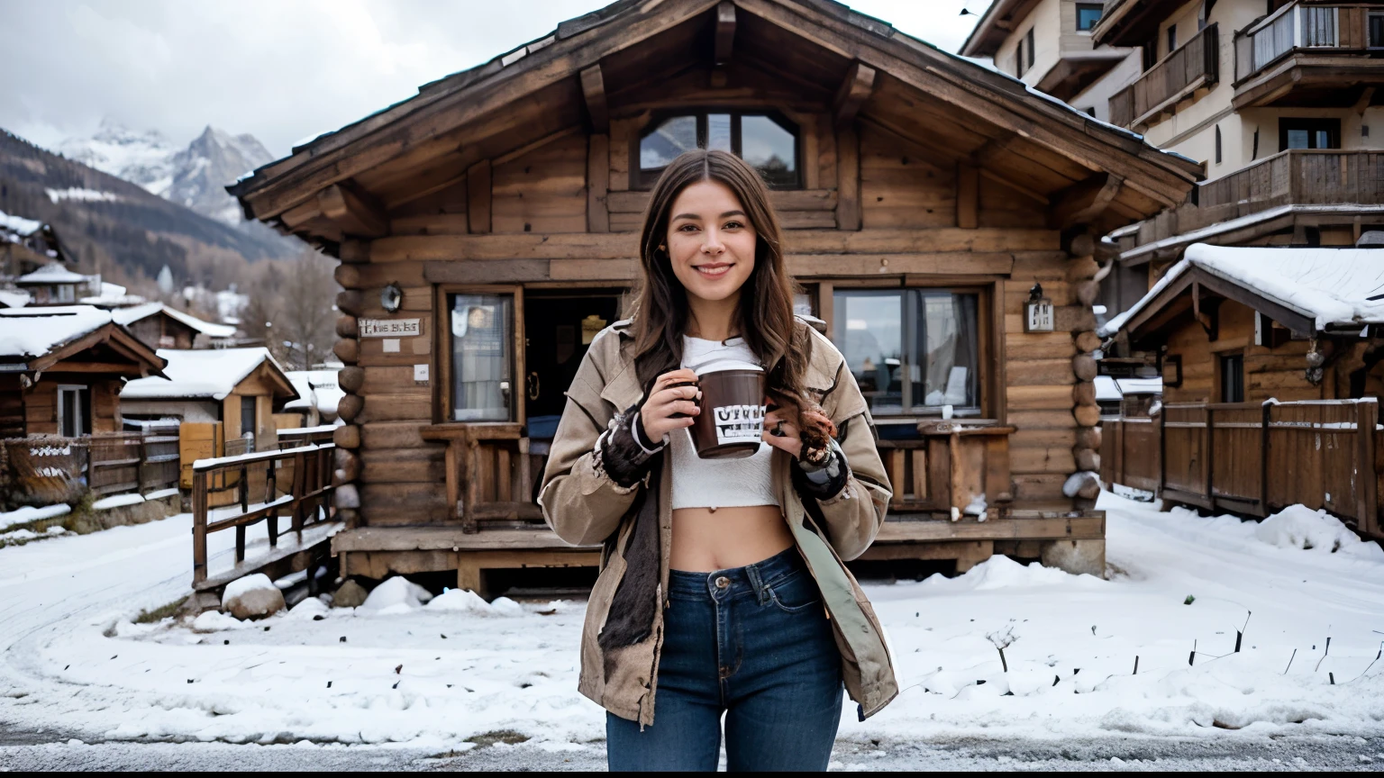 Create an ultra-realistic image of a fashionable influencer in Zermatt, surrounded by the picturesque Alpine scenery. She's standing in front of a traditional chalet, with the Matterhorn towering in the background under a cloudy sky. The village streets are lined with rustic wooden buildings, and the air is crisp. The influencer is dressed in stylish spring attire appropriate for the mountainous weather—think a cozy yet chic jacket, fitted jeans, and warm boots. Her pose is poised and confident, as she smiles and holds a cup of hot chocolate while admiring the natural beauty of the snow-capped peaks and charming village around her