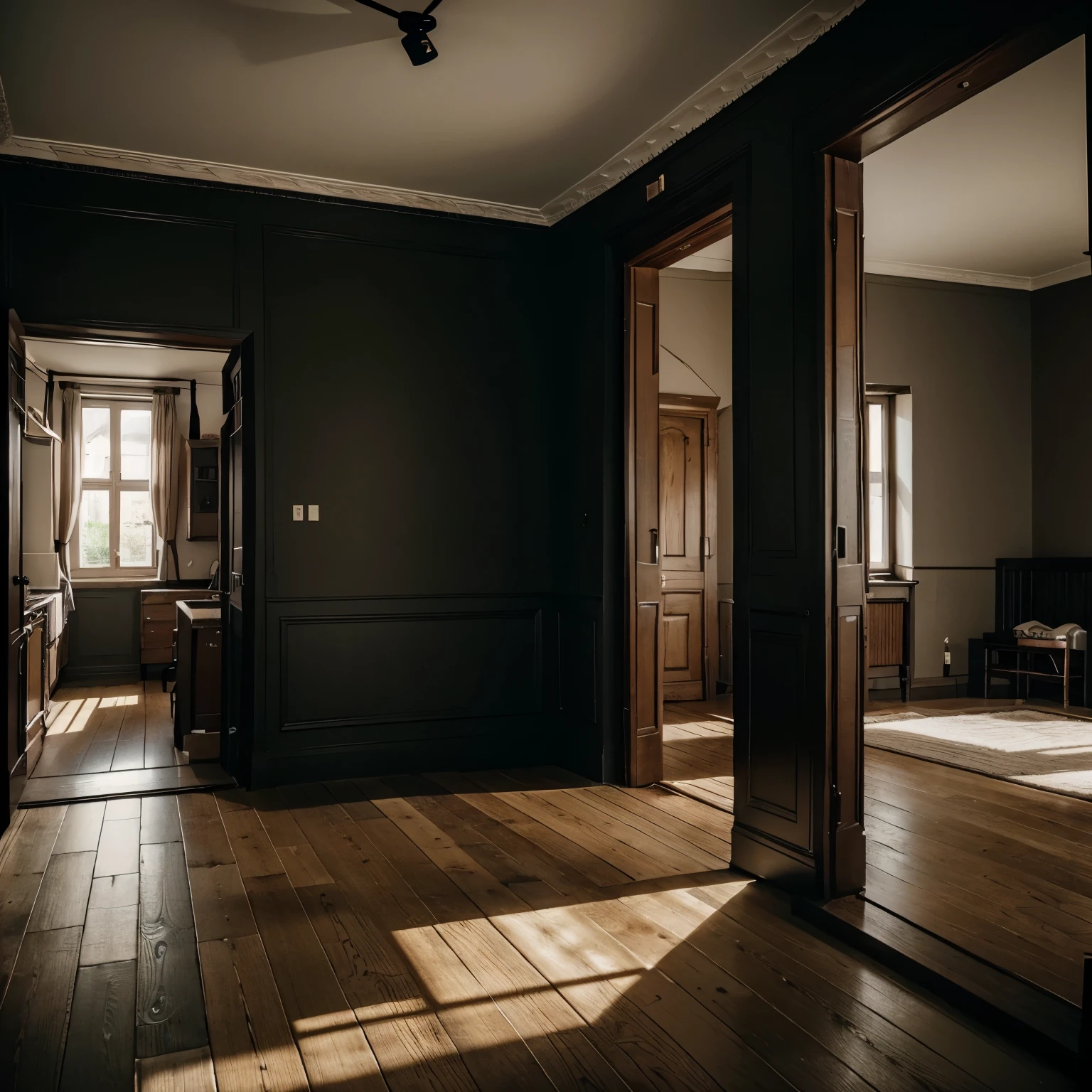 Erstelle mir zwei seperate Bilder des selben Raums aus der selben perspektive, nur der eine Raum mit dunklen farben und dunkler decke damit er kleiner wirkt und der andere Raum mit hellen farben. Beide haben idente fenster, the dark first room has a cool stone floor the bright second room has a warm wooden floor.
The furniture is arranged identically in both rooms, only in the dark room it is kept in dark colors.