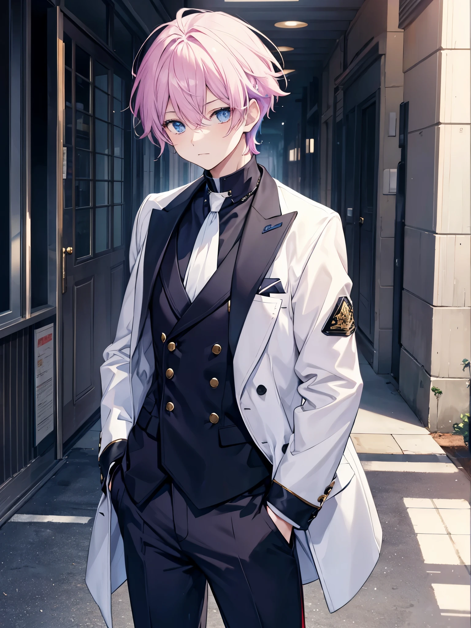 1boy, random color hair, beautiful boy, random color eyes, double-breasted jacket, trousers, school