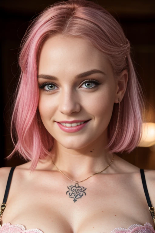 une femme de 25 ans, sexy, romantic smile, HD, 8k, masterpiece, a lot of details, pink hairs, deep look, pink eyes, pink lace lingery, viking tattoo