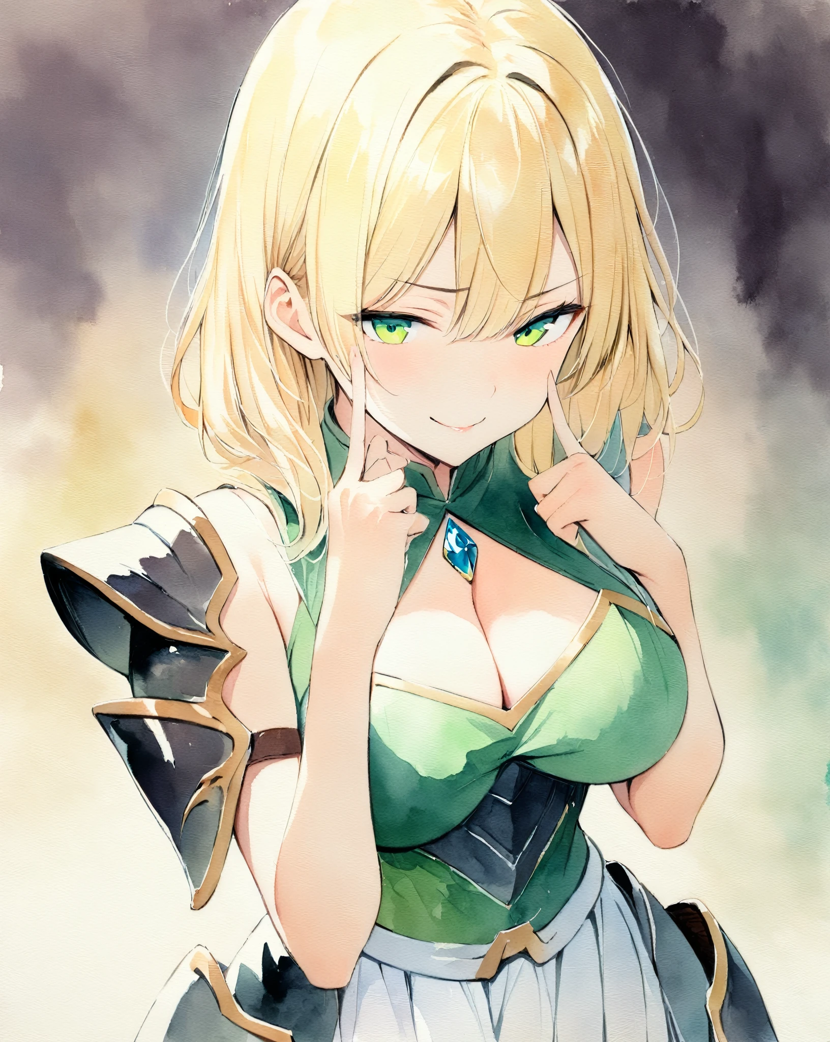 masterpiece, Best quality, watercolor (medium), 1girl, breast, Solitary, Short shoulder-length hair, Cleavage, Blonde pick-dye hair, Jewel green eyes, Bangs, jewelry, skirt, Bare shoulders, sleeveless, Hair between the eyes, 单Scapula, looking at the audience, Photo poses, Hand gesture with index and middle finger raised, large breast, armor, shoulder armor, sleeveless skirt, Upper Body, Single sleeve, white skirt, Scapula, Naughty smile