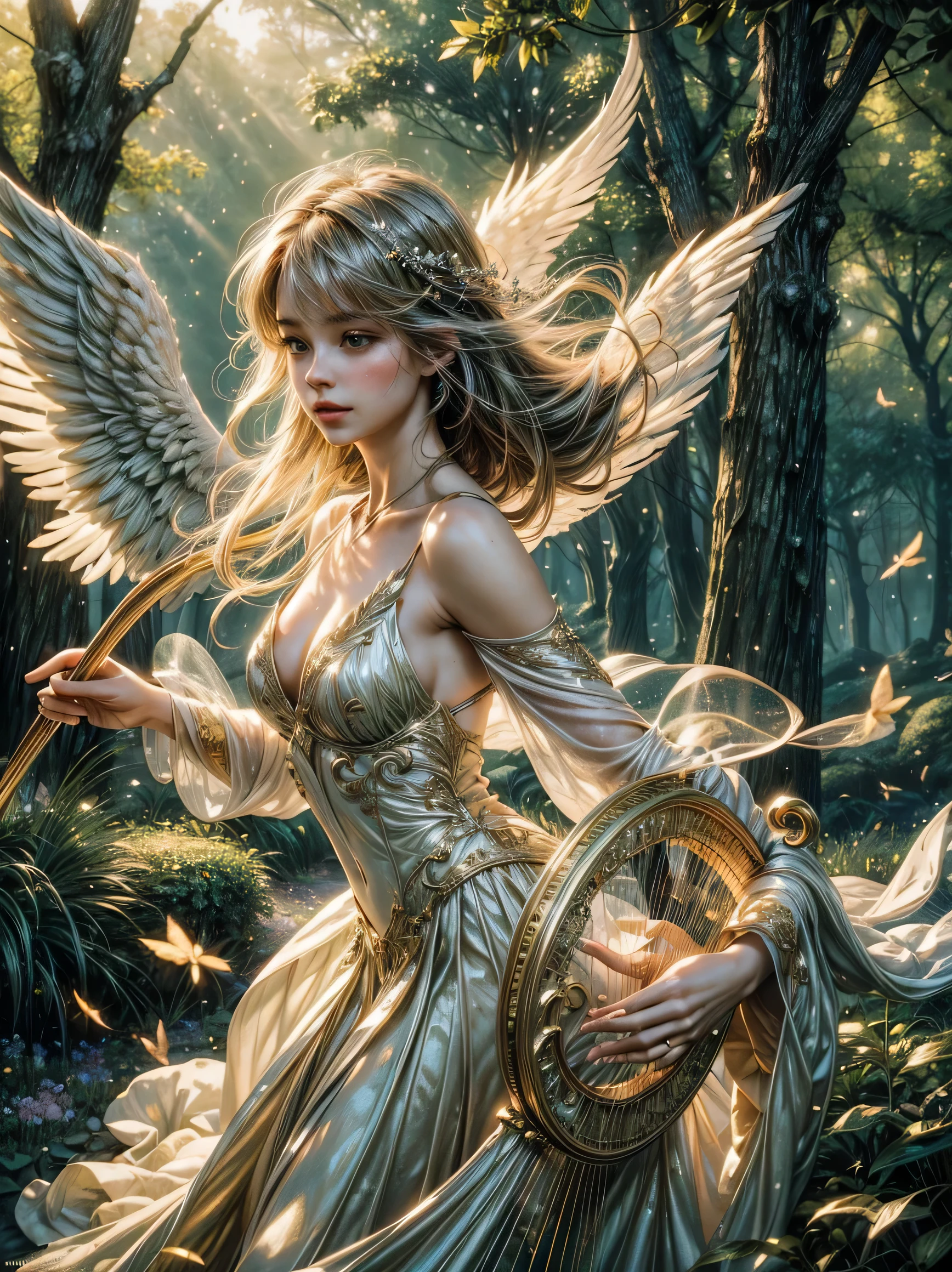 (best quality,4k,8k,highres,masterpiece:1.2),ultra-detailed,(realistic,photorealistic,photo-realistic:1.37),magical,mythical,angel,A angel playing a harp with tremendous passion and emotion,sparkling,golden strings,magical,enchanted harp,hazy,wisps of colorful smoke rising from the harp,glittering,magical notes floating in the air,ethereal,lush green garden filled with vibrant flowers and lush trees,floating,glowing petals swirling around the angel,ethereal,magical dust twinkling in the sunlight,fleeting,golden butterflies fluttering around the angel,ethereal,soft and warm sunlight illuminating the scene,dreamlike,soft pastel colors creating a dreamy atmosphere,immersive,delicate details on the angel's wings and clothing,flowing,graceful movements as the angel's fingers dance across the harp strings,serene,peaceful expression on the angel's face as she loses herself in the music,whimsical,a sense of magic and wonder permeating the entire scene,fantastical,otherworldly beings peering out from behind the trees,enchanted,falling leaves transforming into delicate,glowing harp notes as they drift through the air.