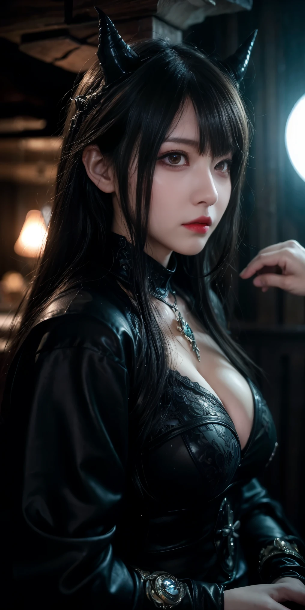 OK、(Best illustrations)、8K UHD resolution、Intricate details、最high quality、Realistic、Very detailed、Best lighting、Best Shadow、Soft lighting、Ultra HD、Dungeons and Dragon、cave、Dungeons、 Necromancer、night、Dark Style、Succubus、devil'daughter、Bat Wings,(((devil horns)))、((((Black-rimmed round glasses))))、(((Huge breasts)))、(devil'tail)、(Red eyes glow:1.6)、masterpiece、Beautiful Face、Tyndall effect、photographリアル、(High resolutionスキン:1.2)、8KUHD、Digital SLR、high quality、photograph、High resolution、 Absurd、Ponytail Distortion、The optimal ratio is four fingers to one thumb.、1 girl、hair ornaments、赤い輝くgemのネックレス、gem、Beautiful expression、Body Up、Big breasts are important、Tight waist、Wide ass、Tyndall effect、Realistic、(High resolutionスキン:1.2)、