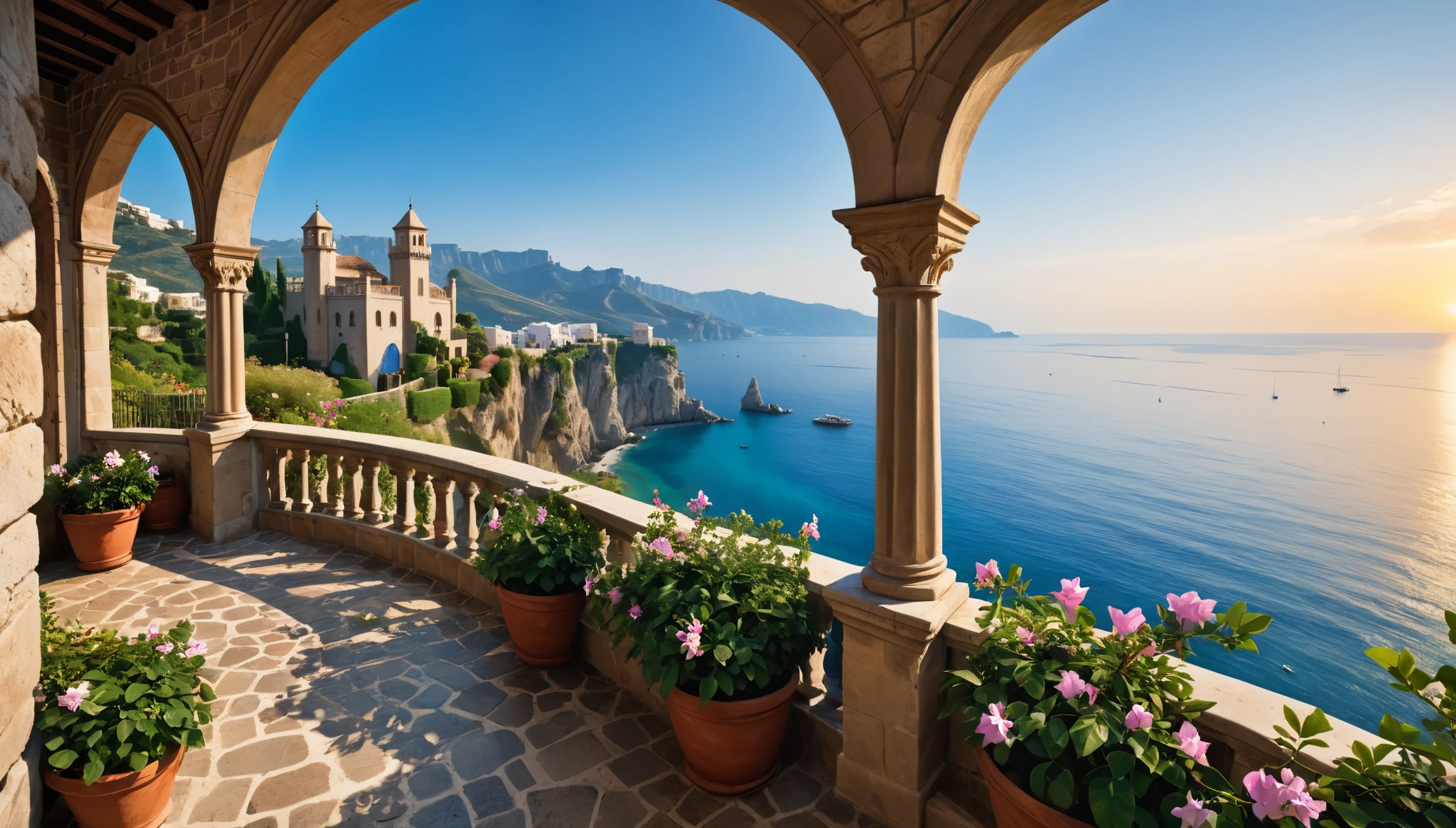 "(best quality,highres:1.2),ultra-detailed,realistic:1.37,Amalfitan coast,beautiful castle,overlooking balcony,sunny,spectacular view,mediterranean sea,azure water,coastline,fairytale-like,towering cliffs,historic architecture,stone walls,exquisite details,ornate decorations,lush greenery,flowering vines,romantic atmosphere,colorful bougainvillea,cobblestone paths,stunning sunset,clear blue sky,dreamy ambiance,elegant arched windows,tall turrets,breathtaking panorama,secluded paradise,serenity,tranquility,hidden gem,awe-inspiring,terraced gardens,seaside retreat,enchanted surroundings, cinematic shot"