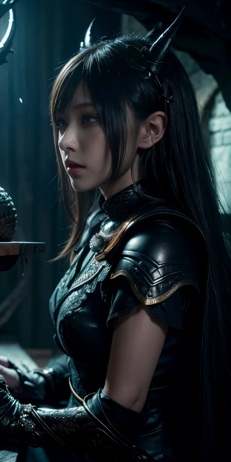 OK、(Best illustrations)、8K UHD resolution、Intricate details、最high quality、Realistic、Very detailed、Best lighting、Best Shadow、Soft lighting、Ultra HD、Dungeons and Dragon、cave、Dungeons、 Necromancer、night、Dark Style、Succubus、devil'daughter、Bat Wings,(((devil horns)))、((((Black-rimmed round glasses))))、(((Huge breasts)))、(devil'tail)、(Red eyes glow:1.6)、masterpiece、Beautiful Face、Tyndall effect、photographリアル、(High resolutionスキン:1.2)、8KUHD、Digital SLR、high quality、photograph、High resolution、 Absurd、Ponytail Distortion、The optimal ratio is four fingers to one thumb.、1 girl、hair ornaments、赤い輝くgemのネックレス、gem、Beautiful expression、Body Up、Big breasts are important、Tight waist、Wide ass、Tyndall effect、Realistic、(High resolutionスキン:1.2)、