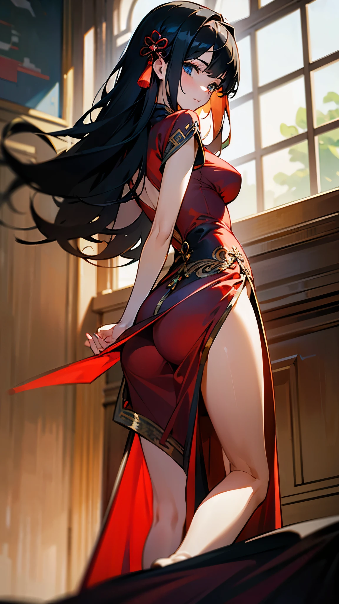 (Realistic:1.3), (masterpiece:1.2), (photoRealistic:1.2), (highest quality), (Detailed skin:1.3), (Intricate details), Reduces light reflections, 1 woman, 19 years old, Detailed skin texture, (blush:0.6), Scattered beneath the surface, smile, (Black Hair), Straight Hair, Long Hair, Calm hair, bangs, Hair between the eyes, Hair volume is low, Sparkling blue eyes, Lens Eye, Light reflection in the eyes, Symmetrical eyes, looking at the camera, hair ornaments, (wear_Red Chinese Dress), Long Skirt, Slit only on the right side, ((Red Chinese Dress)), Knee-length skirt with two legs, Only two arms, Five fingers, Two joints in the fingers, barefoot, Depict the whole body, (from behind), Inside the room, ((Do not hide the crotch)), (Black panties), ((Show your vagina)), Don't mix clothes and panties,( Panties get caught on legs), Panties partially removed, (((Show your back))), Show your ass, Put your hands on the wall, ((Flip up the skirt))