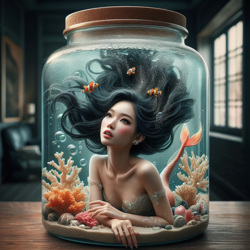 Hyper realistic photo, hermosa sirenita bailando buceando, Detalle de burbujas de agua y coral., Detalle de un hermoso rostro con cabello negro suelto similar al de una celebridad coreana., perfect anatomy., hiperdetalle, detalle intrincado, Hyper realistic, Obra maestra, High Definition, Hyper realistic, Obra maestra, High Definition