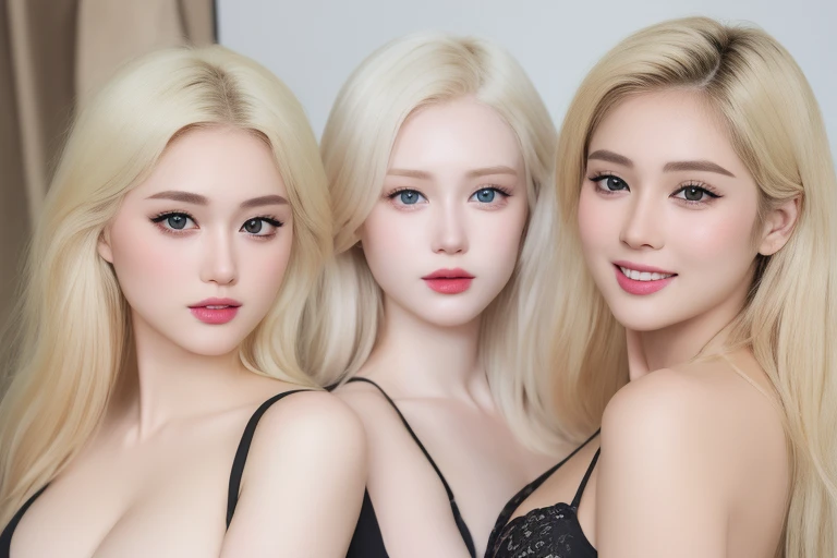 (realistic、masterpiece、Best Quality、8K、highres、white background, high resolution:1.3)、((2 chubby blonde girl:1.3))、(2 blonde girls:1.3), twin sisters, (smile,show teeth), ((((very very gigantic sagging breasts:1.3))))、(2 blonde girls:1.3), looking at viewers, black lace bikini、pale white skin、(2 blonde girls:1.3), very pale blond hair ,very pale skin, extremely pale blonde hair, ivory pale skin, (2 blonde girls:1.3), very white skin, pale skin, very pale white skin, very pale white skin,white skin and pale porcelain, white and pale skin,(2 blonde girls:1.3), fair and pale skin!!, long blonde hair, looking at viewers、(2 blonde girls:1.3), super fine face and eyes、long blonde hair、 ((full breasts:1.3)), indoor、 upper body、