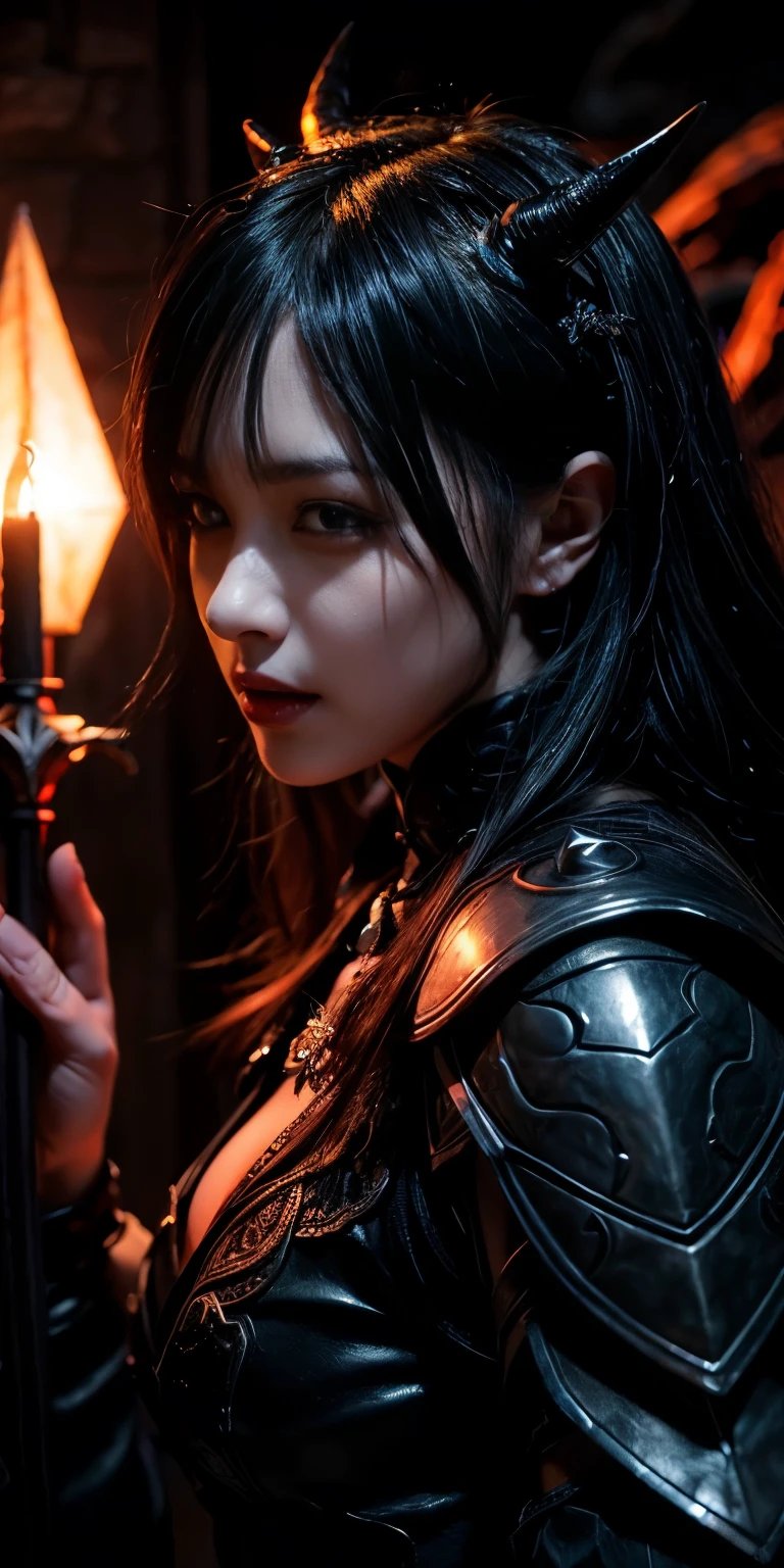 OK、(Best illustrations)、8K UHD resolution、Intricate details、最high quality、Realistic、Very detailed、Best lighting、Best Shadow、Soft lighting、Ultra HD、Dungeons and Dragon、cave、Dungeons、 Necromancer、night、Dark Style、Succubus、devil'daughter、Bat Wings,(((devil horns)))、((((Black-rimmed round glasses))))、(((Huge breasts)))、(devil'tail)、(Red eyes glow:1.6)、masterpiece、Beautiful Face、Tyndall effect、photographリアル、(High resolutionスキン:1.2)、8KUHD、Digital SLR、high quality、photograph、High resolution、 Absurd、Ponytail Distortion、The optimal ratio is four fingers to one thumb.、1 girl、hair ornaments、赤い輝くgemのネックレス、gem、Beautiful expression、Body Up、Big breasts are important、Tight waist、Wide ass、Tyndall effect、Realistic、(High resolutionスキン:1.2)、