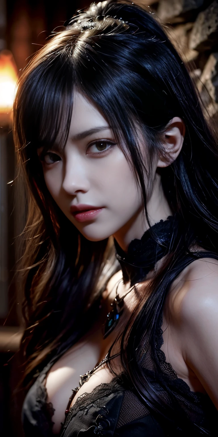 (highest quality,4K,8k,High resolution,masterpiece:1.2),Very detailed,(Realistic,photoRealistic,photo-Realistic:1.37), Close-up of a woman with dark hair and wearing a black dress, 20-year-old woman、(ponytail:1.3)、Dark Theme、Calm colors調、Calm colors、High Contrast、(Natural skin texture、Hyperrealism、Soft Light、sharp)、(Masseter region:1.3)、Beautiful expression、(A vivid face)、Beautiful Hairstyles、Realistic eyes、Beautiful details、(Realistic Skin)、Beautiful skins、(black lace bodysuit)、Absurd、Golden Ratio、Center of chest、Supermodel、Dark Eyes,an ominous笑顔,Evil Aura,Burning Flames,Soul Corruption,Dark Shadows,an ominous雰囲気,Strange symbols,Cursed Land,Eternal Darkness,An unforgettable presence,Grotesque features,Horror Scene,nightmare to be born kimono,twisted reality,Scary atmosphere,A wonderful work of art,Evil Unleashed,Supernatural horror,Spooky art,nightmare fuel,Terrifyingly clear,Abstract fear,Terrifyingly beautiful,A devilish masterpiece,Fear incarnate,Shadow Chaos,A devilish existence,to be born々Shii Darkness,in style of Dark Fantasy Art, Dark Fantasy Art, 美しく優雅なdevilの女王, Dark Fantasy Art, fantasy dark art, Dark fantasy digital art, Gothic fantasy art, Gothic Dark Maiden, Detailed Texture,Spooky creatures,an ominous雰囲気,Mythical,Space horror,darkness,Mysterious,Dark aesthetic,Fog Background,Eyes of another world,Ancient Gods々, Powerful wizard, Mysterious森の中に立つ. Flowing robes decorated with symbols, Arms stretched out, Powerful,Tentacles,Pitch black blackness,Majestic,Unfathomable depth,nightmare,The existence of the universe,an ominous存在,seeping darknesss,Secrets of the Universe,that'terrible,that (Spooky atmosphere), (Cartoon-like atmosphere),(granular), (Dramatic Shadows), (Dynamic pose), ((Artistically expressed)), ((attractive), (Gothic), (Mysterious Setting), (Moody color palette), (Skillfully drawn), (sense of unease), (Intricate details), (an ominous smile), (an ominous), (attractive eyes), (Horror elements), (attractive composition), (Impressive anatomy),(Striking contrast)), (Exquisite craftsmanship), (Interesting character designs)、Dark Fantasy Portrait, Portrait of the Dark Goddess, Satan Girl,devil,